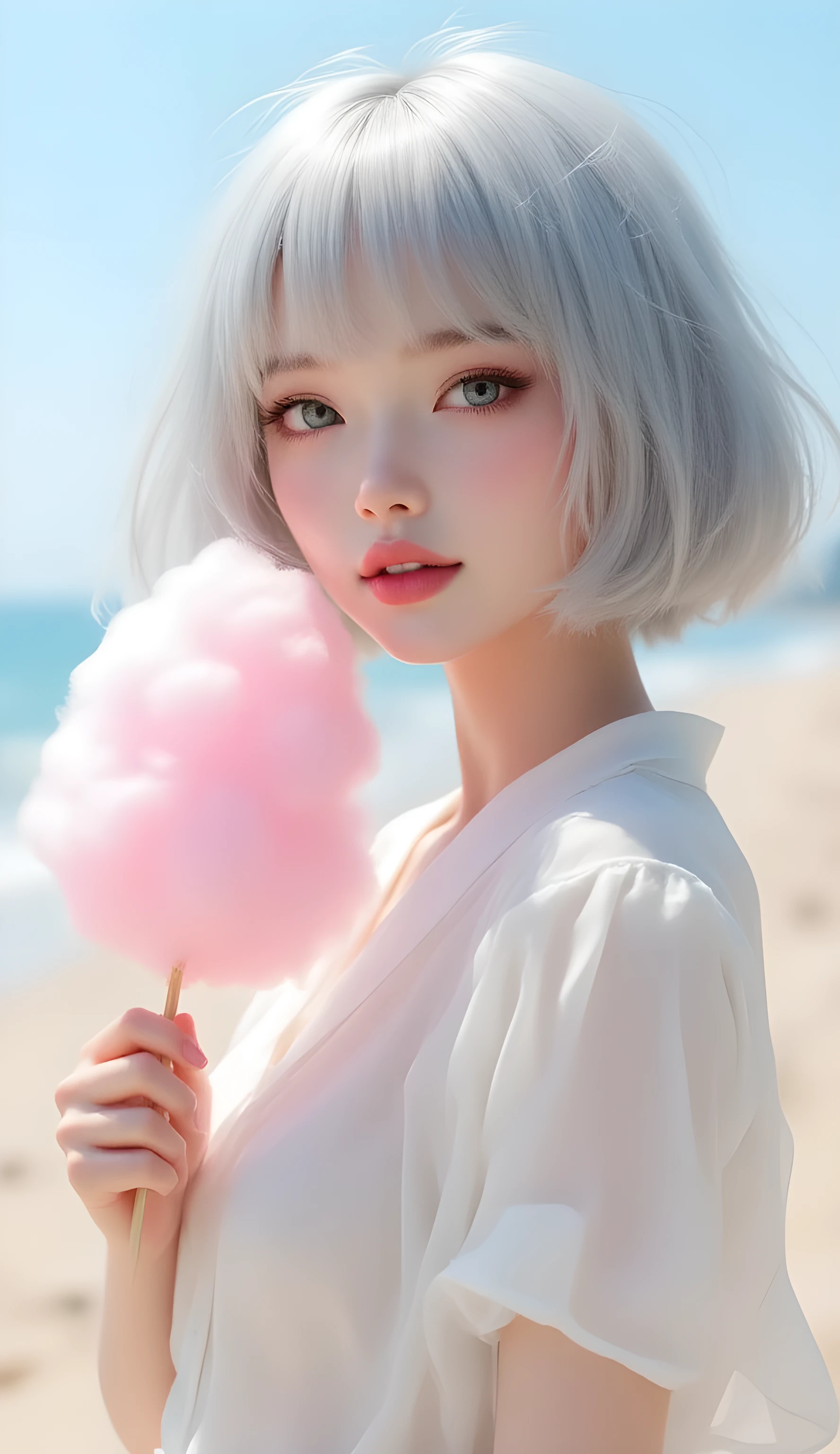 (masterpiece, ultra-detailed, photorealistic, cinematic soft lighting),
Sally, short fluffy silver-white bob hair, airy hairstyle swaying in sea breeze,
(translucent porcelain skin, luminous natural glow, subtle blush, no plastic, no PVC, no mannequin),
large clear grey-blue eyes, soft gentle smile, lips slightly parted,
half-body portrait, side-facing with slight head turn toward camera,
one hand holding a fluffy pink cotton candy on a thin bamboo stick,
the other hand delicately pinching a small piece of cotton candy to eat,
wearing a light white summer blouse, fabric flowing gently,
background: Shonan Enoshima seaside, sandy beach, horizon ocean view,
with Enoden train and coastal railway tracks faintly visible in the distance, iconic Japanese seaside scenery,
lighting: soft Japanese transparency style, airy and fresh, no harsh highlights,
mood: youthful, serene, summer refreshing atmosphere