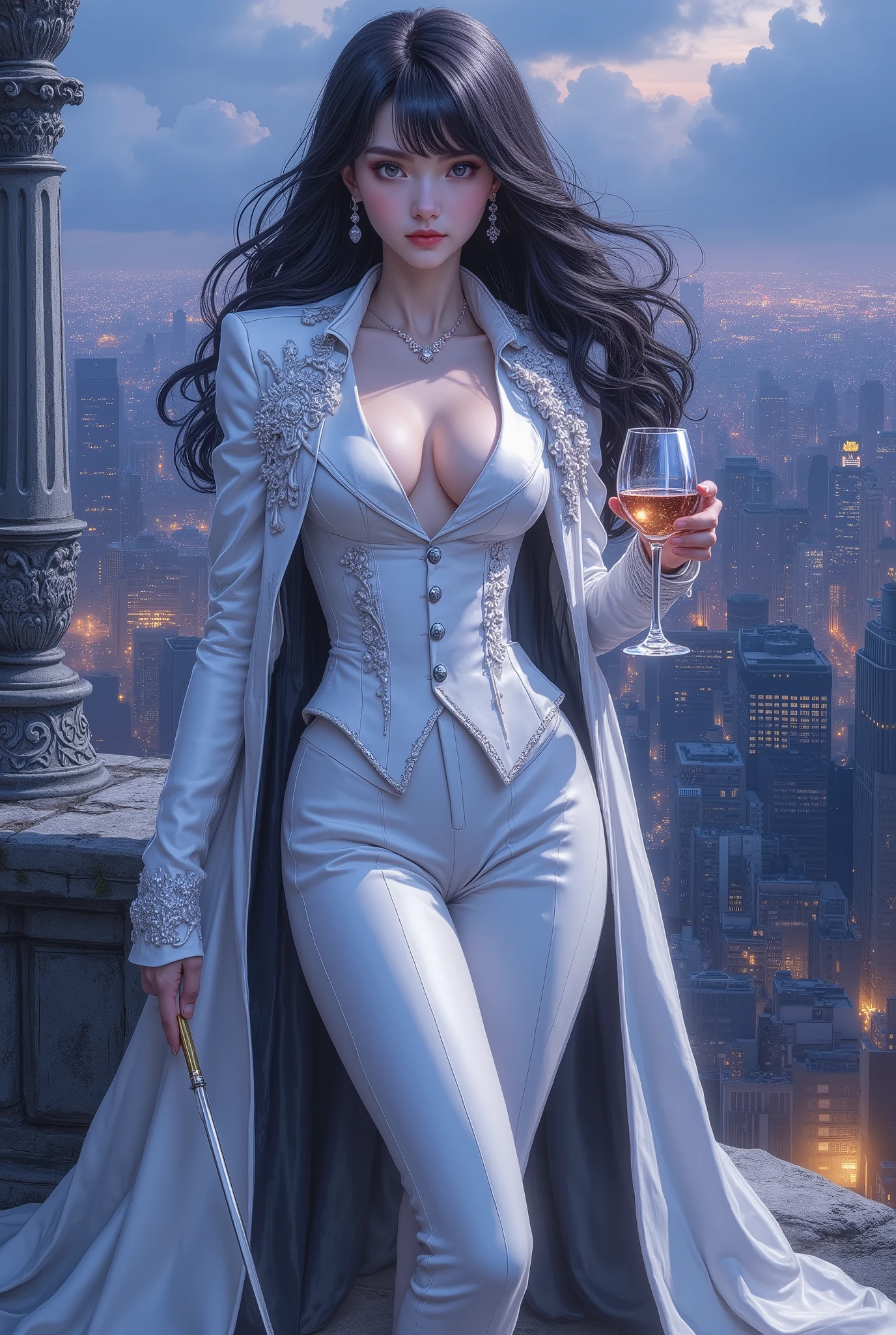 (8k, Highest Quality, masterpiece), (realistic, photo realistic: 1.37), Very detailed, {Woman standing on the roof of a building at night}, 

Very Easy to Understand, miniature painting, detailed depiction of clip hair art, dreamy, ultra-realistic mixed fantasy world, 

combination of realistic and fantastical elements, ((cleavage, huge breasts:1.3)), 

bold slit,  Gorgeous dark hair,  Sweet and deadly, Irresistible, 

Gorgeous museum, Phantom Thief in a Modern Suit, white tuxedo, cloak, holding a wine glass in one hand, 

She is the only daughter of an upper-class aristocrat, and her name is Kitaoji Hazuki. Her true identity is the phantom thief Celeste Moonveil.

Shadow Movement, elegant gesture, Tight Air, perfect posture,  (Carbon Shot).