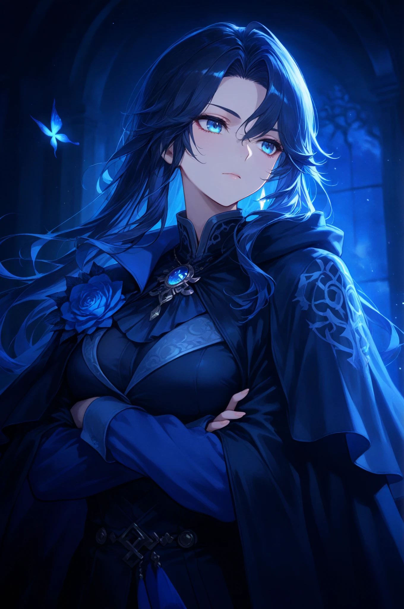 25-year-old girl、Rune background、black magician、Wearing a black robe、mesmerize、cute woman、Elegant hairstyle、indigo hair color、Slightly shorter hair、blue eyes、look at the viewer、masterpiece、Best image、