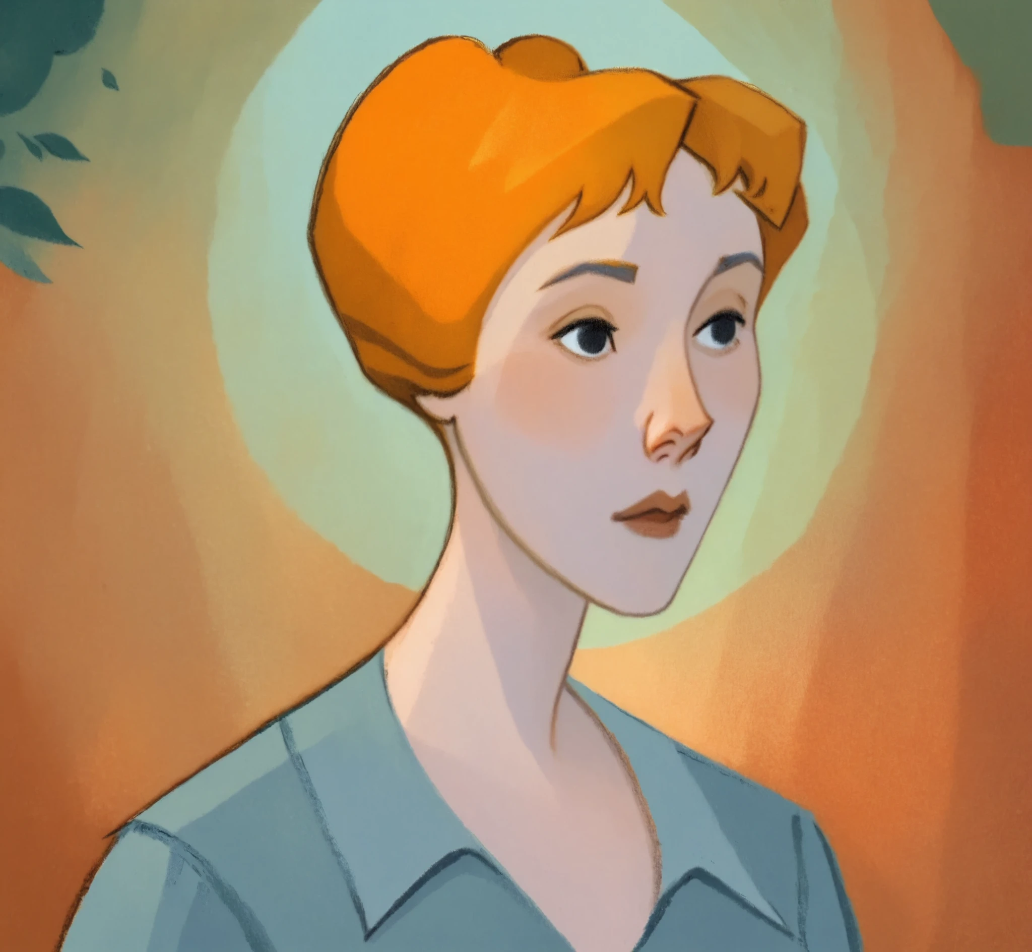 dkri style, hyper detailed gouache portrait of 1girl, xanitax, orange hair, short hair, updo, black eyes, painterly illustration, gouache layered textures, soft illustration, 2d art, abstract background, masterpiece, best quality, flat illustration, extreme quality, IllustriousQual, masterpiece, best quality, realistic, lora:AnatoFinnstarkIXL_v2:1.0, oil painting (medium), muted color, soft painterly brushstrokes, sevenseven, vivid, gradient, smooth, semi-realism