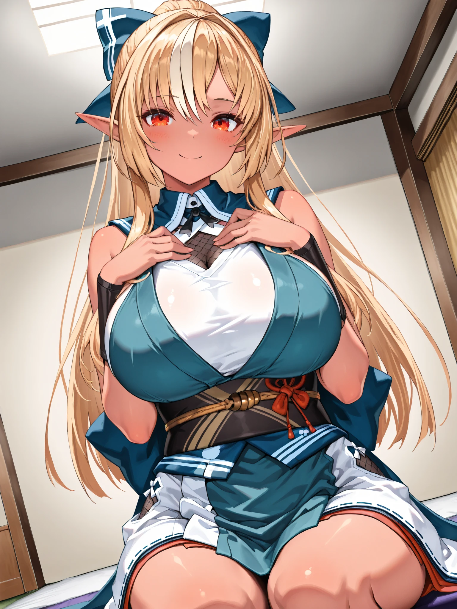 1girl, long hair, blonde hair, sidelocks, yellow eyes, pointy ears, facial mark, forehead mark, oni, horns, body markings, sharp fingernails, red hands, black bikini, japanese clothes, blue kimono, big breasts, hands on own hip, smug, single tusk, indoors, white walls, spacecraft interior, head tilt,  <lora:Ibaraki_douji_illus:1>, masterpiece, best quality, amazing quality, very aesthetic, absurdres, highres, newest