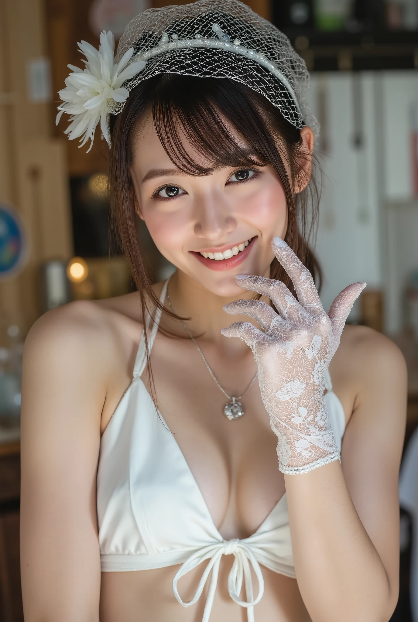 (Highest Quality, 8k, 32K, masterpiece, ultra high res:1.2,expresses fine skin,Fine skin,Whitening,Award-Winning Works)　dark-haired woman　Put a small crown on your head　wear a white lace wedding veil over your head　place a hand with white lace gloves on your face　white triangle bikini　Smile Yan　 Upper body structure　Staring at the camera