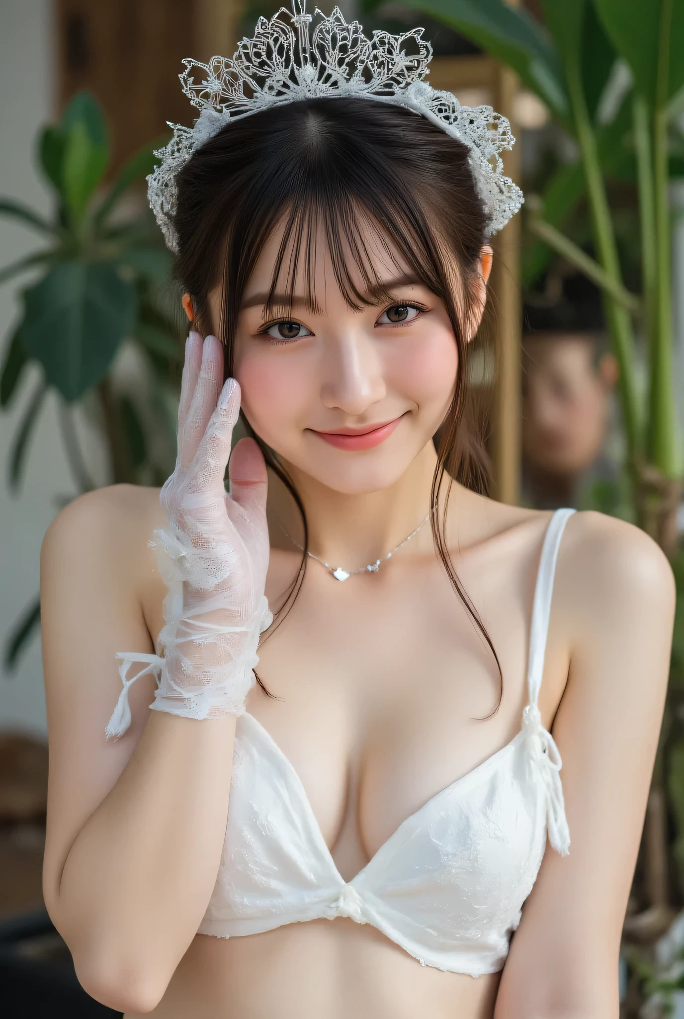 (Highest Quality, 8k, 32K, masterpiece, ultra high res:1.2,expresses fine skin,Fine skin,Whitening,Award-Winning Works) dark-haired woman Put a small crown on your head wear a white lace wedding veil over your head place a hand with white lace gloves on your face white triangle bikini Smile Yan Upper body structure Staring at the camera