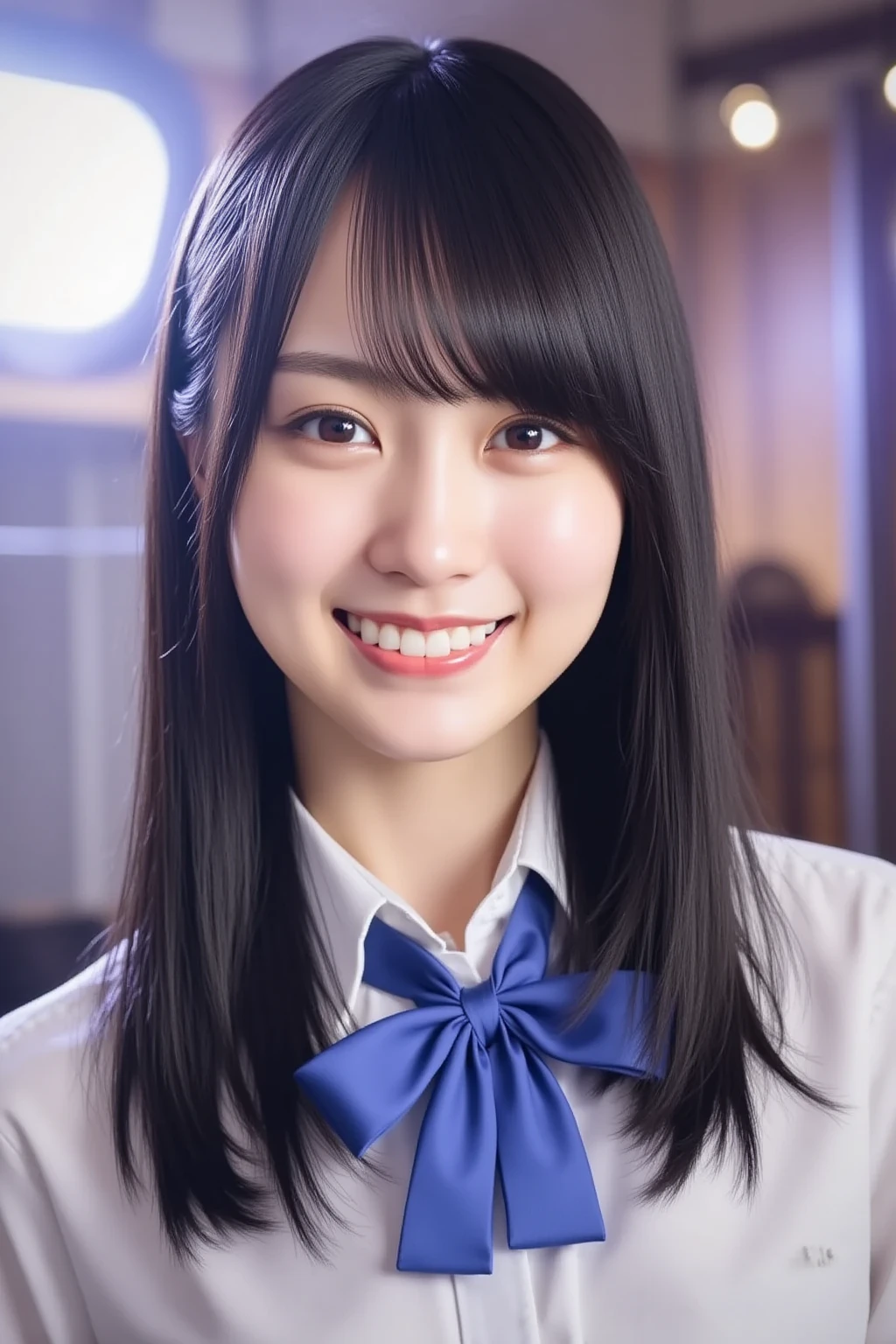 (masterpiece:1.2, Highest quality), (Realistic, photoRealistic:1.4), Beautiful illustrations, (Natural Side Lighting, Cinema Lighting), 
View your viewers, 1 Girl, Japanese, Junior high school girl, 12 years old, Perfect Face, cute and symmetrical face, Shiny skin, thin, 
(Mid-length hair:1.2, Half Up:1.4, Light brown hair), Asymmetrical bangs, Brown eyes, Long eyelashes, (Medium chest:0.7), 
Beautiful Hair, Beautiful Face, Beautiful attention to detail, Beautiful clavicle, Beautiful body, Beautiful breasts, Beautiful thighs, Beautiful feet, Beautiful fingers, 
((Detailed cloth texture, Short sleeve white collar shirt, Blue pleated , Blue Bowtie)), 
(Beautiful views), evening, (Riverside), Are standing, (cute, Cute smile, Upward glance),