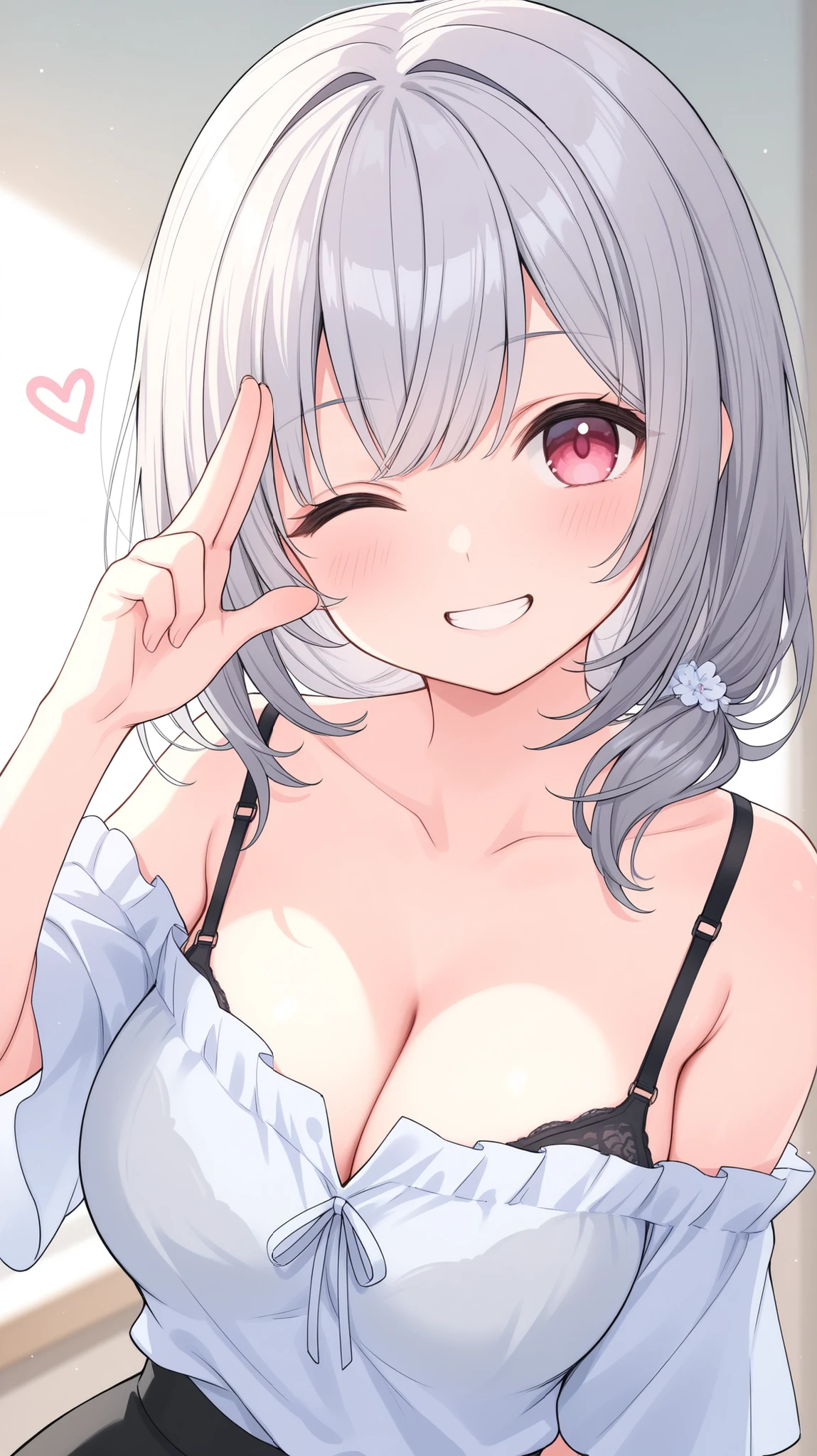 Off-the-shoulder shirt, girl with pink gray hair, short hair,  Bra Straps, long hair, wink, Smiling,   