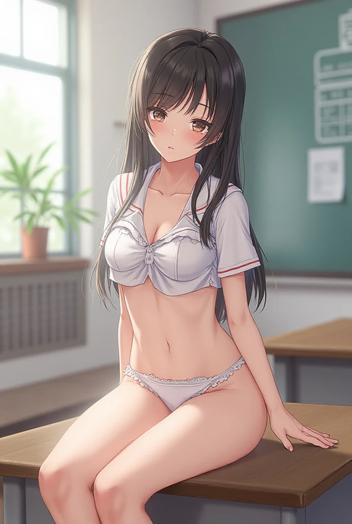 (((masterpiece, Highest quality, High resolution, 超High resolution, Perfect Pixel, Depth of written boundary, 4K, RTTX 10.0))), Beautiful Anime Woman, Beautiful art style, Anime characters, ((Smooth texture, Realistic texture, Anime CG Style)), Exact finger count、Exact number of legs、(Exact number of arms:1.0, Exact number of hands:1.0), (Perfect hands, Perfect ), Cinematic, Realistic, Extremely detailed CG, Daytime lighting, Perfect lighting, Best Shadow, The best natural light, whole body, Perfect body, バランのとれたPerfect body, Perfectly balanced style, Slender body, ((Long Hair, bangs, Reddish brown hair, Twin tail hairstyle)), ((A cute adult woman straddles the  of a male student lying on his back., Cowgirl:1.8)), A male student with an accurate body lying on his back,  (Inserting  into  while wearing panties:1.5), (:1.5), ((Sailor suit tops, Sailor collar, White shirt:1.3), ( and cute white panties 1.3), (Stylish shiny white satin panties, Side-tie panties, Panties with plain white center and lace decoration on the sides:1.3), (Thin panties with red ribbon:1.3), shirt lift, (White micro lace bra, White bra with lace trim, Thin bra with red ribbon:1.3):1.3), (Beautiful big :1.1), (Embarrassed expression:1.4), blush, ( pleasure expression:1.5), (The expression of someone who is holding in the toilet:1.4), (Look up, Half-close your eyes:1.4), (School classroom, Desk and chair in the background:1.3), Angle from the front
