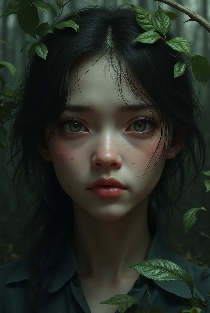 A portrait of a woman's soul in a tapioca plantation in terrible darkness with a message here written in a drop of blood.