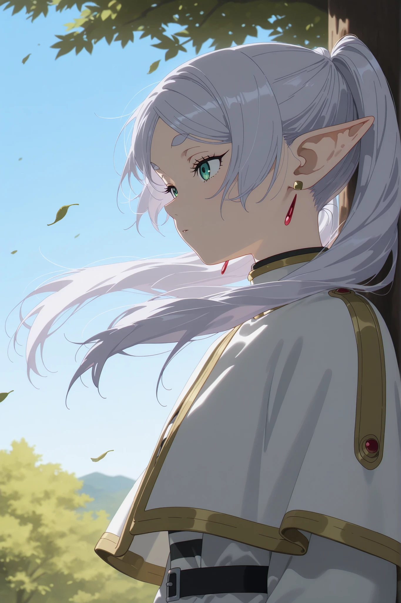 masterpiece, best quality, newest, absurdres, highres, beautiful, detailed background, anime coloring, artwork, 1girl, solo, frieren, elf, pointy ears, grey hair, long hair, twintails, green eyes, blue eyes, earrings, 1girl, solo, frieren, elf, pointy ears, silver hair, white hair, green eyes, robe, striped shirt, belt, white capelet, detailed, sharp art, under the tree, under shadow, falling leaves, masterpiece , fluttering hair, wind, from side, upper body, blue sky, close-up 