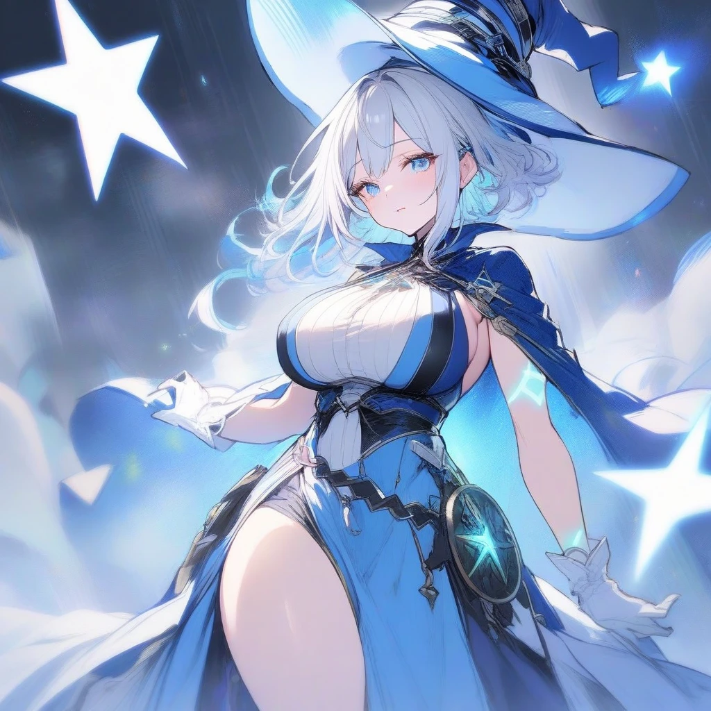Extremely detailed CG unified 8k wallpaper, Very beautiful 8KCG wallpaper, best quality ，Ultra Detailed ，Pretty Face ，masterpiece、Top image quality、Top quality、White hair、Blue and white witch costume、witch hat、Light blue eyes，Background is starry sky，Open ?????，???????????，Big ???????，The ?????? is prominent inside，transparent，The ?????? is large，Dark brown ??????，?????? exposure，Wearing suspender black silk，Lower abdomen exposed，On the lower abdomen，Holding a magic wand，Arms straight down