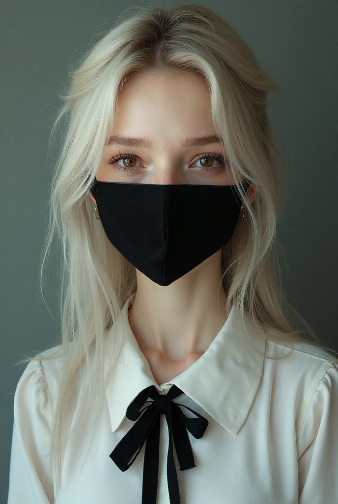 Woman with long white hair braided at the roots with a ponytail wearing a white blouse and white tights holding a revolver serious face black headband covering her eyes and black mask.
Escrito o nome zulema
