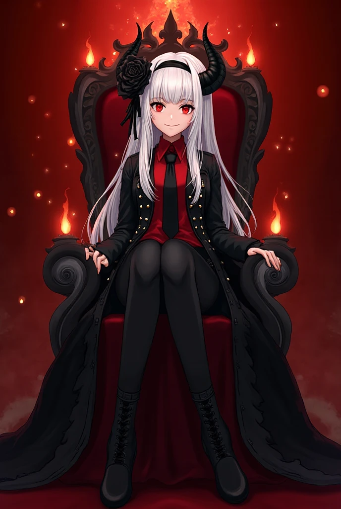 The young woman red eyes white hair wear a vampire black coat inside vampire black coat has a carmine color, white shirt, red necktie, black pencil skirt, black underpants, long black tights, black socks, white leather boots, sitting on the black red throne, grey background, cartoon novel, 4K, HD
