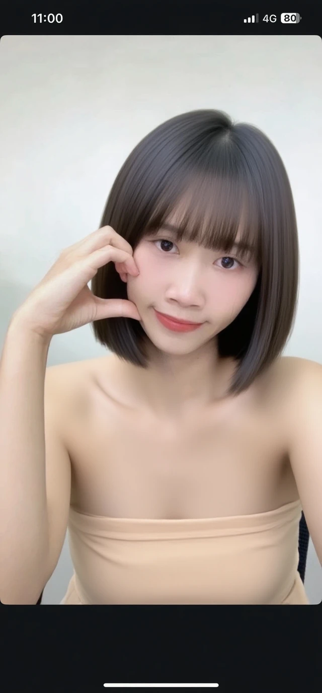 close-up only face, Sitting , Picture of ????? thighs of a 18 years Thai girl,bang and short bob hair, white skin, smile,many ?????, selfie with right hand,lying on pillow