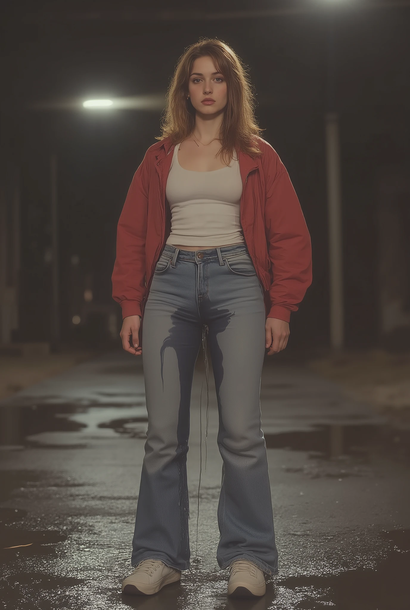 90s stranger things vibe, beautiful skinny young woman awkwardly peeing herself. Wearing bell bottom jeans, white tshirt, a jacket, white sneakers. piss is flowing from her crotch in a stream and a wet stain is visible on her pants