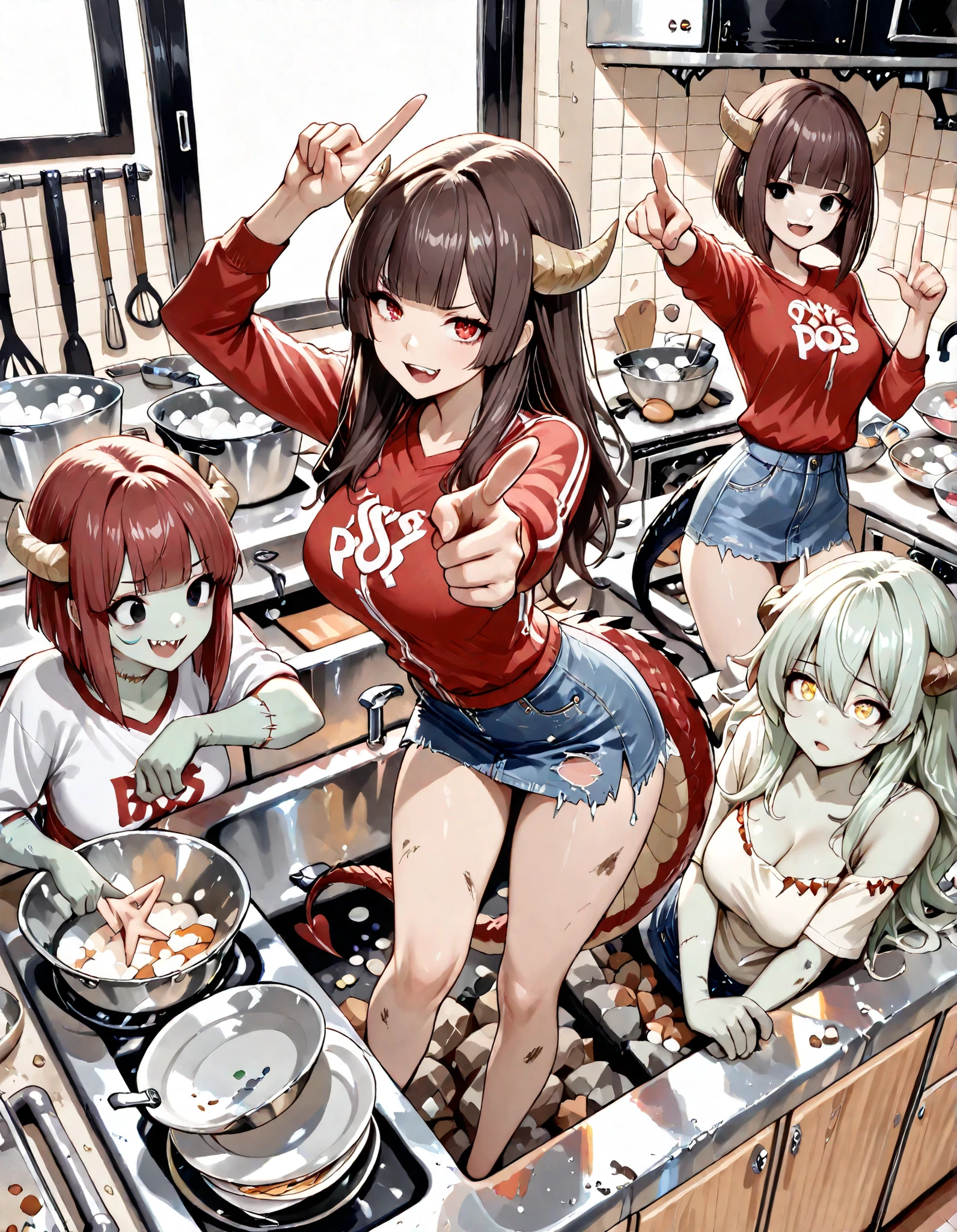 (high quality, ultra high resolution, masterpiece, Super Detailed, 8k, fine-grained), 3 women, (Rock Paper Scissors pose:1.5), (1st woman, Young Girl Zombie, Brown Long Hair, Light green skin, beautiful character design pointing to the kitchen, Perfect Contrast, Plain face, expressive eyes, black eyes, Sewn Neck, Tees, jersey pants), (2nd woman, Adult Woman's Devil, Red Short Bob, beautiful character design pointing to the kitchen, Perfect Contrast, beautiful faces, expressive eyes, red eyes, Horns on the head, Devil's Tail, Tees, denim skirt), (The third woman, dragon in the form of a woman, Blue semi-long hair, blunt bangs, beautiful character design pointing to the kitchen, Perfect Contrast, reptile eyes, yellow eyes, Horns on the head, Dragon Tail, Tees, hotpants), In a dirty kitchen, (many unwashed pots and dishes are casually piled up in the kitchen sink:1.5), (from above:1.2)