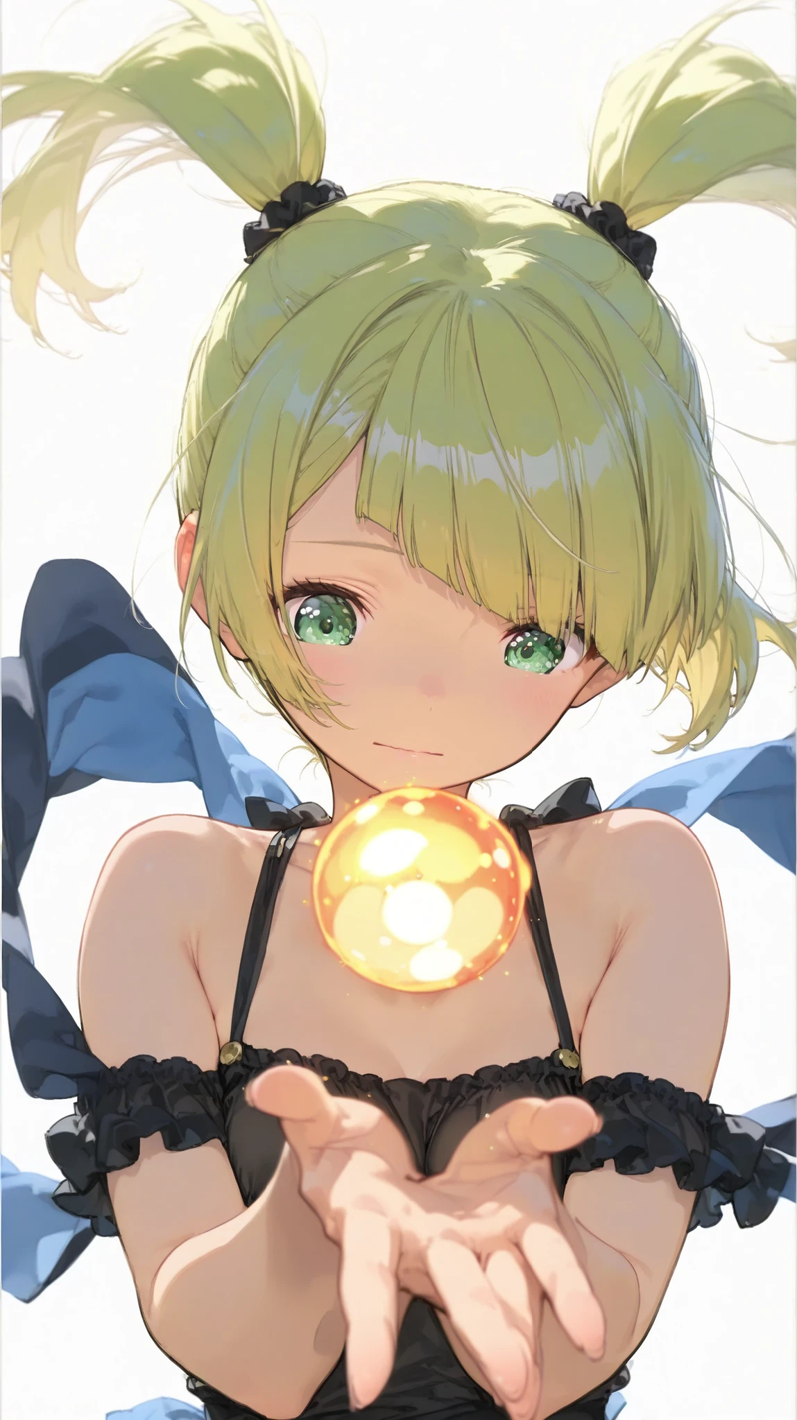 ((White background:1.4))(high resolution masterpiece, high resolution, High Accuracy in Selection, high resolution, top quality:1.2)(super definition, high resoluion, 8k) middle ponytail, diagonal bangs, hair covering eyes:1.3, Beautiful green eyes, Blue droopy eyes, small breasts, (Full Body, FIT THE SCREEN) small breasts, Bare Shoulders, close-up, upper body, outstretched hand,The girl smiles softly, her hair gently swaying as the plush chairs and background around her lighten slightly, and the close-up camera slowly approaches her, creating a soft, warm glow in the anime style.