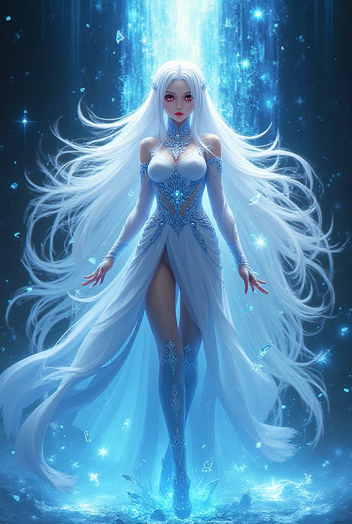 8k、(masterpiece、Incredible detail、texture、Maximum details)、(超Realistic:1.4)、(Realistic:1.3)、(Full body portrait:1.8)、(Upper body close-up:0.4)、(Top quality realistic texture skin)、(Creating perfectly symmetrical eyes)、Exquisite face、((The medieval world))、((Lord Ice Demon))、((The Ice Devil of the Lord's Hell))、(Glowing ice、 Icy Gaze)、(Like the whole body:1.6)、 (Laugh coldly)、(Blue eyes that glow in the dark:1.5)、(A pair of blue eyes with a strong white light emanating from within:1.5)、(Swirling ice and flames in the background)、(Dramatic Light)、(A magnificent sight)、(The expression is cold and beautiful、Somewhere scary)、Luxurious blue gemstone earrings on ears、 (Dramatic Photos:1.4)、(Dramatic Pose)、(White Wavy Hair)、(Upturned 髪)、(A simple necklace with intricate detailing around the neck)、(Brightly lit bioluminescence:1.3)、The Amazing temple of the Devil、 Amazing temple、Ice Cathedral、Temple ruins,(Glowing magic circle)、Shining majestic cloud mass and sky、iceberg、Spectacular graphics、(Art Station:1.5)、Cinematic、((Neutral Colors))、(High resolution:1.5)、(Calm colors:1.2)、Ultra-detailed、Dramatic Light、(Intricate details:1.1)、Complex background、White Wavy Hair,Very large breasts,Ice Princess,Gorgeous white and blue princess dress,Top-down view,