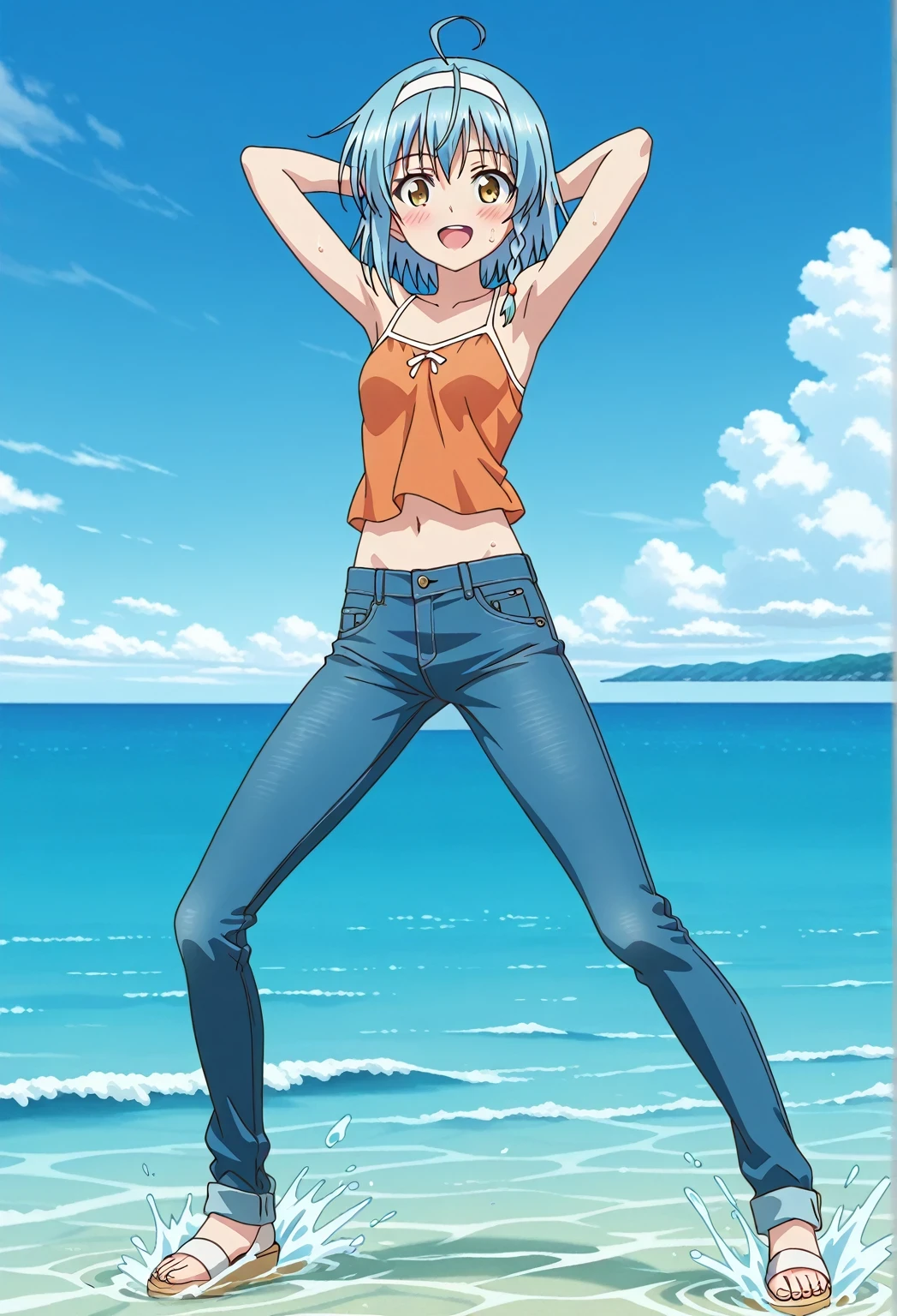 score_9, score_8_up, score_7_up, source_anime, highres, hi res, ((best quality, top quality, perfect quality, Highest Quality, amazing quality)), {{masterpiece}}, {{an extremely delicate and beautiful}}, 2d, intricate details, official style, anime, 8k, anime style, official_anime, official art, digital painting, cell shading, soft shading, high resolution, soothing tones, Subdued Color, Soft cinematic light, adobe lightroom, photolab, HDR, intricately and hyper-detailed, ((high quality animation)), 1 girl, Alone, solo, ((ocean)), tsunami, on the water, day, sunny, outdoors, sky, windy, yuki nonaka, long hair, short hair, blue hair, yellow eyes, braid, ahoge, hairband, ((one side braid)), anime screencap, small breasts, orange camisole top, crop top, orange crop top, best quality, hyper-detailed jeans, ((blue jeans:1.9)), (dark blue jeans:0.6), full medium body, medium shot, Open mouth, smiling, happy face, blush, sweat, standing, ((arms behind head:6.0)), bowlegged, jumping pose, action, looking at viewer, spread legs, Bend knees slightly, straight-on front view