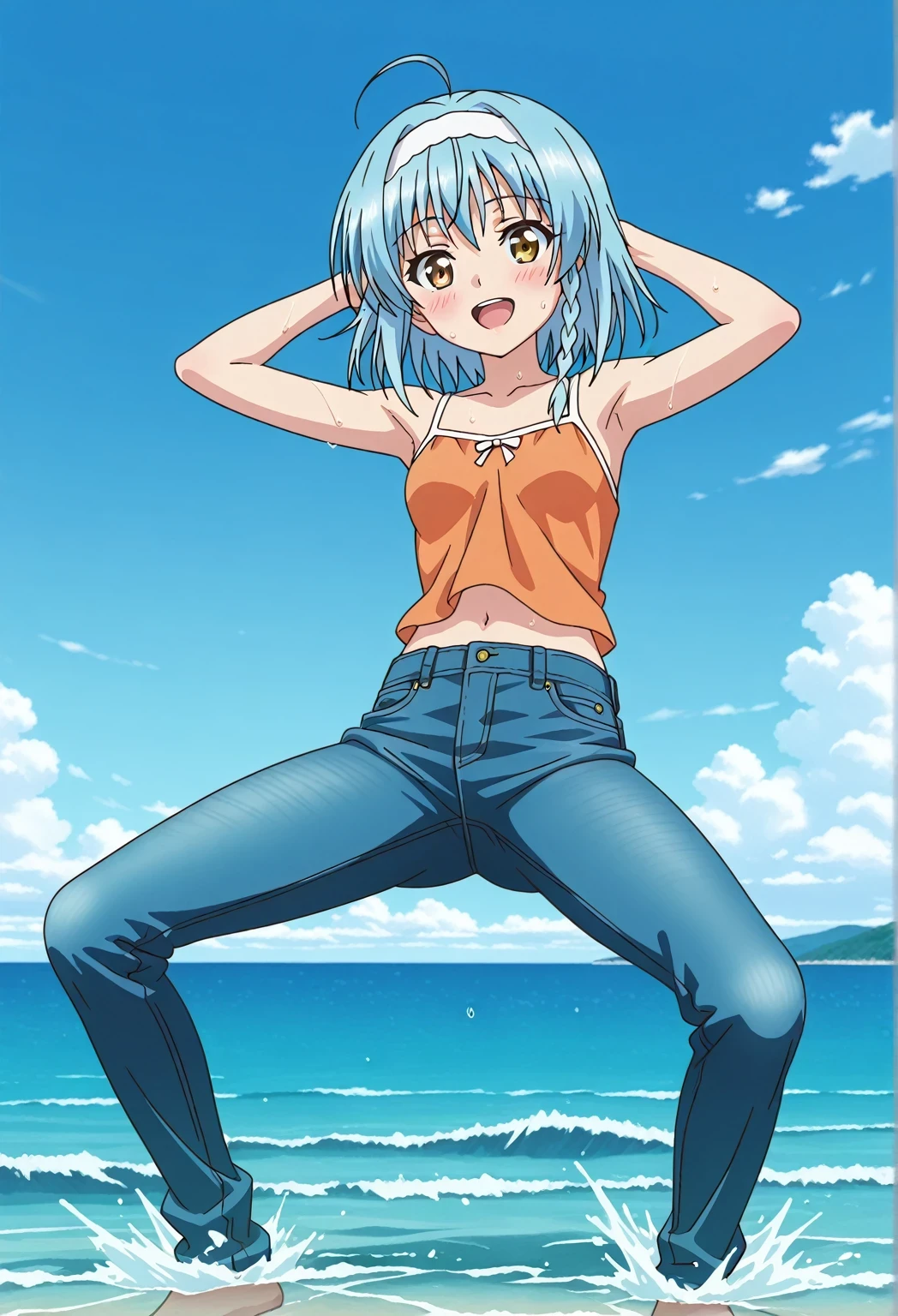 score_9, score_8_up, score_7_up, source_anime, highres, hi res, ((best quality, top quality, perfect quality, Highest Quality, amazing quality)), {{masterpiece}}, {{an extremely delicate and beautiful}}, 2d, intricate details, official style, anime, 8k, anime style, official_anime, official art, digital painting, cell shading, soft shading, high resolution, soothing tones, Subdued Color, Soft cinematic light, adobe lightroom, photolab, HDR, intricately and hyper-detailed, ((high quality animation)), 1 girl, Alone, solo, ((ocean)), tsunami, on the water, day, sunny, outdoors, sky, windy, yuki nonaka, long hair, short hair, blue hair, yellow eyes, braid, ahoge, hairband, ((one side braid)), anime screencap, small breasts, orange camisole top, crop top, orange crop top, best quality, hyper-detailed jeans, ((blue jeans:1.9)), (dark blue jeans:0.6), full medium body, medium shot, Open mouth, smiling, happy face, blush, sweat, standing, ((arms behind head:6.0)), bowlegged, jumping pose, action, looking at viewer, spread legs, Bend knees slightly, straight-on front view