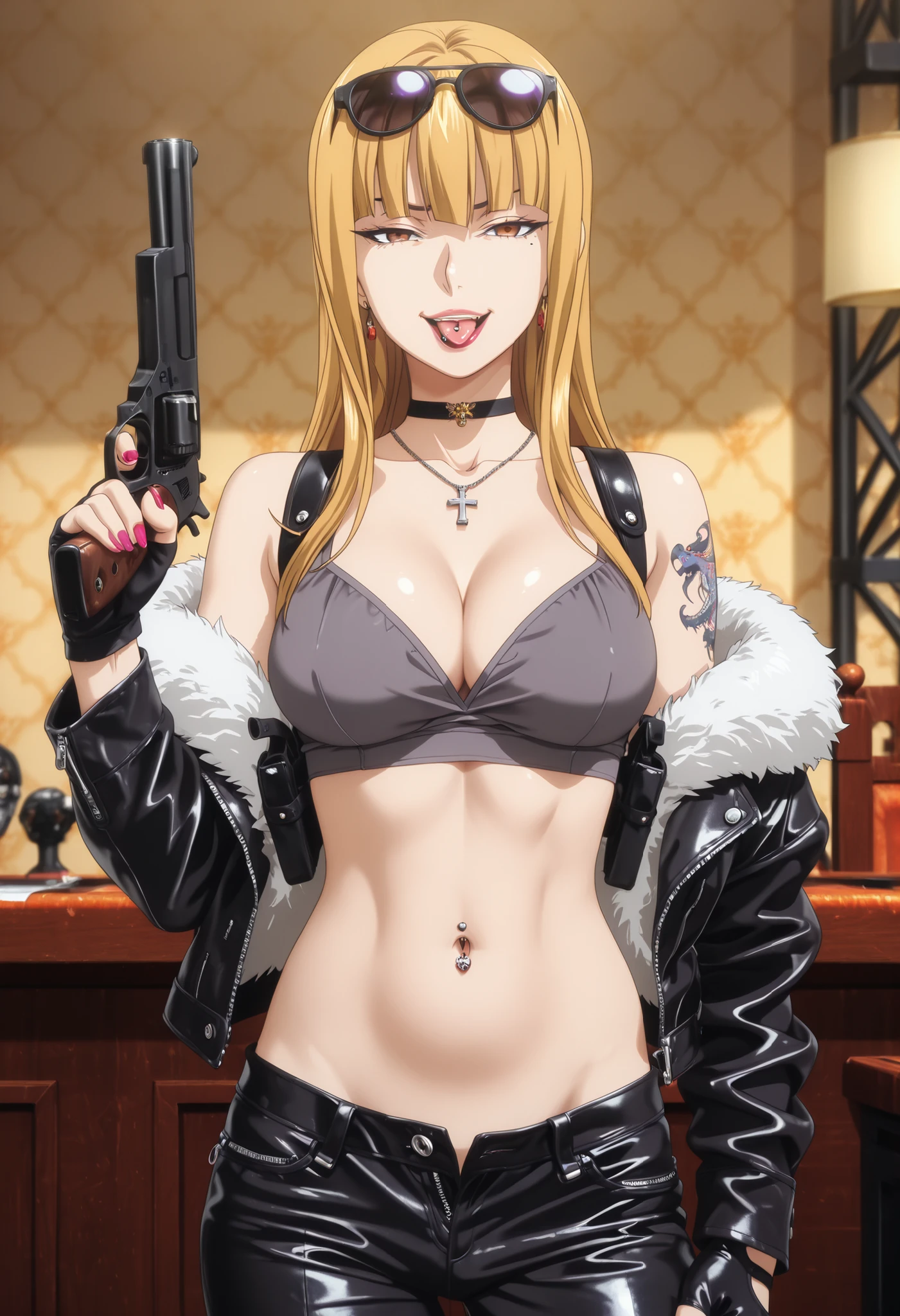 1girl,solo,mm,mature female,long hair,blonde hair,bangs,brown eyes,mole under eye,lipstick,,anime coloring, makeup,lipstick ,jewelry,earrings, nail polish, ear piercing, long hair, , lipstick, Hot girl, baddie,, sensual, attractive ,choker , cross necklace, grey shirt,black pants,bar background, inside bar ,indoors, , casino, , fur jacket ,  shoulders , white fur , , , leather pants , dark brown , fur , side inserts , weapon holder , weapon , fingerless gloves , leather , forearms , sword , , cowboy shot , masterpiece , best quality , highly detailed , a girls with a gun , evil smile , open mouth ,  gaze , badass pose , evil smile , smile , ()  , guns blazing , anime girl with long hair , beautiful long haired girl , navel , evil expression , exposed belly , exposed navel , exposed midriff , exposed lower belly , long black pants , cleavage , unbuttoned leather pants , open fly , low rise black leather pants , leather jacket , holding a gun , holding pistol , unbuttoned shirt , collared shirt , knot , pull_down leather pants , (show off panties , :1 . 2 , no panties) , pull_down long black pants , pull_down black leather pants , zip up leather jacket ,  top , navel piercing , cross-laced slit , tongue piercing , tongue out , open mouth ,  ,,shoulder holster,, sunglasses on head,,medium large  ,looking at viewer , dragon tattoo on waist, narrowed eyes, tattoo on waist, anipai_style , anime screencap , anime coloring, v-shape eyebrows,