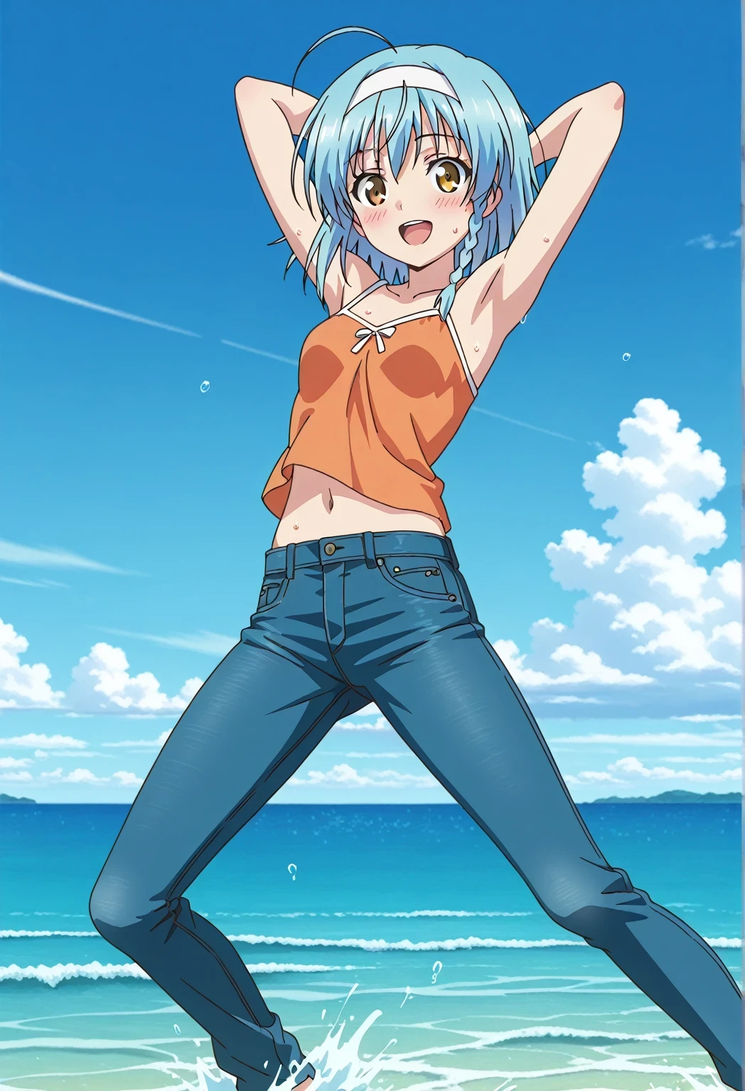 score_9, score_8_up, score_7_up, source_anime, highres, hi res, ((best quality, top quality, perfect quality, Highest Quality, amazing quality)), {{masterpiece}}, {{an extremely delicate and beautiful}}, 2d, intricate details, official style, anime, 8k, anime style, official_anime, official art, digital painting, cell shading, soft shading, high resolution, soothing tones, Subdued Color, Soft cinematic light, adobe lightroom, photolab, HDR, intricately and hyper-detailed, ((high quality animation)), 1 girl, Alone, solo, ((ocean)), tsunami, on the water, day, sunny, outdoors, sky, windy, yuki nonaka, long hair, short hair, blue hair, yellow eyes, braid, ahoge, hairband, ((one side braid)), anime screencap, small breasts, orange camisole top, crop top, orange crop top, best quality, hyper-detailed jeans, ((blue jeans:1.9)), (dark blue jeans:0.6), full medium body, medium shot, Open mouth, smiling, happy face, blush, sweat, standing, ((arms behind head:6.0)), bowlegged, jumping pose, action, looking at viewer, spread legs, Bend knees slightly, straight-on front view