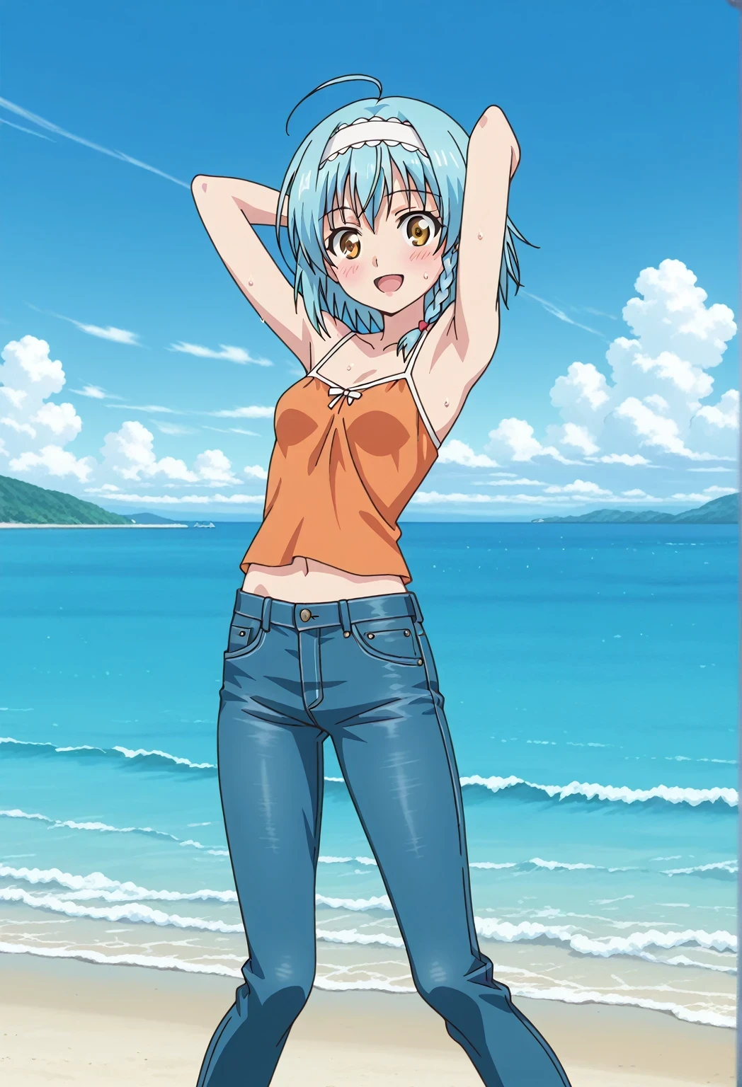 score_9, score_8_up, score_7_up, source_anime, highres, hi res, ((best quality, top quality, perfect quality, Highest Quality, amazing quality)), {{masterpiece}}, {{an extremely delicate and beautiful}}, 2d, intricate details, official style, anime, 8k, anime style, official_anime, official art, digital painting, cell shading, soft shading, high resolution, soothing tones, Subdued Color, Soft cinematic light, adobe lightroom, photolab, HDR, intricately and hyper-detailed, ((high quality animation)), 1 girl, Alone, solo, ((ocean)), tsunami, on the water, day, sunny, outdoors, sky, windy, yuki nonaka, long hair, short hair, blue hair, yellow eyes, braid, ahoge, hairband, ((one side braid)), anime screencap, small breasts, orange camisole top, crop top, orange crop top, best quality, hyper-detailed jeans, ((blue jeans:1.9)), (dark blue jeans:0.6), full medium body, medium shot, Open mouth, smiling, happy face, blush, sweat, standing, ((arms behind head:6.0)), bowlegged, jumping pose, action, looking at viewer, spread legs, Bend knees slightly, straight-on front view