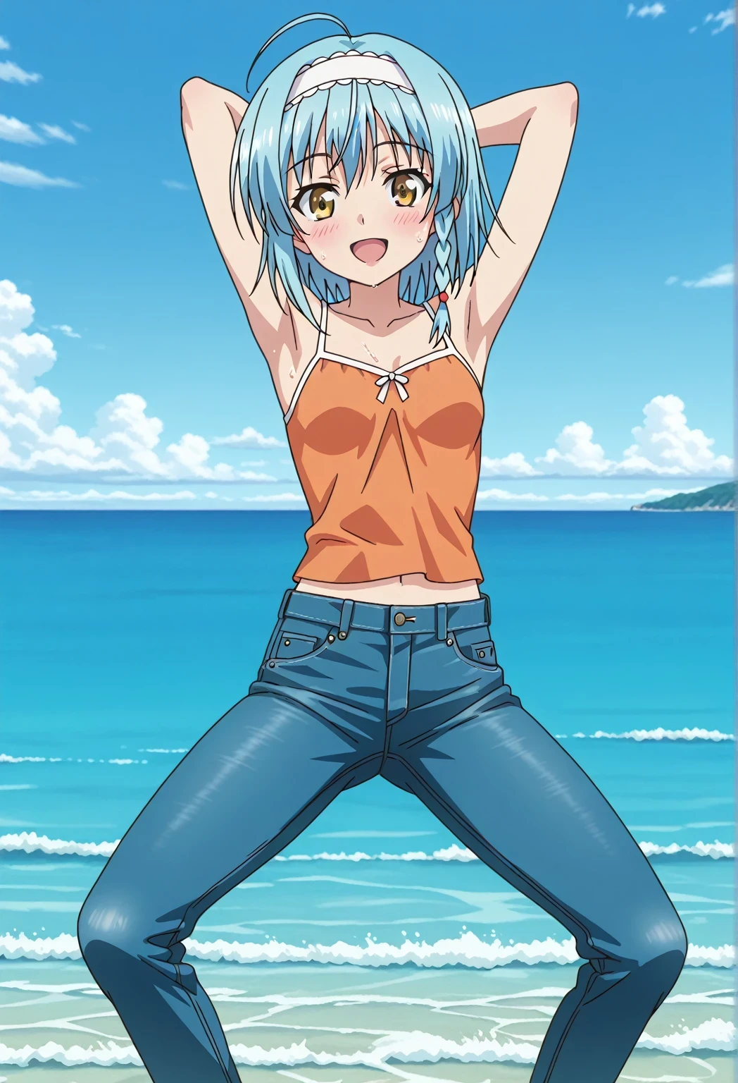 score_9, score_8_up, score_7_up, source_anime, highres, hi res, ((best quality, top quality, perfect quality, Highest Quality, amazing quality)), {{masterpiece}}, {{an extremely delicate and beautiful}}, 2d, intricate details, official style, anime, 8k, anime style, official_anime, official art, digital painting, cell shading, soft shading, high resolution, soothing tones, Subdued Color, Soft cinematic light, adobe lightroom, photolab, HDR, intricately and hyper-detailed, ((high quality animation)), 1 girl, Alone, solo, ((ocean)), tsunami, on the water, day, sunny, outdoors, sky, windy, yuki nonaka, long hair, short hair, blue hair, yellow eyes, braid, ahoge, hairband, ((one side braid)), anime screencap, small breasts, orange camisole top, crop top, orange crop top, best quality, hyper-detailed jeans, ((blue jeans:1.9)), (dark blue jeans:0.6), full medium body, medium shot, Open mouth, smiling, happy face, blush, sweat, standing, ((arms behind head:6.0)), bowlegged, jumping pose, action, looking at viewer, spread legs, Bend knees slightly, straight-on front view