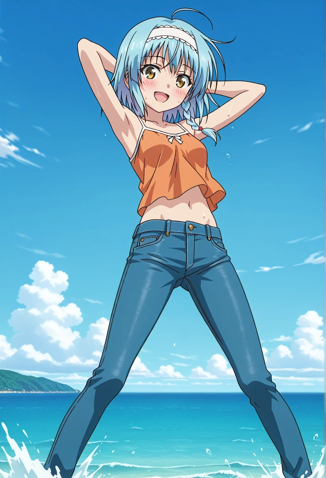 score_9, score_8_up, score_7_up, source_anime, highres, hi res, ((best quality, top quality, perfect quality, Highest Quality, amazing quality)), {{masterpiece}}, {{an extremely delicate and beautiful}}, 2d, intricate details, official style, anime, 8k, anime style, official_anime, official art, digital painting, cell shading, soft shading, high resolution, soothing tones, Subdued Color, Soft cinematic light, adobe lightroom, photolab, HDR, intricately and hyper-detailed, ((high quality animation)), 1 girl, Alone, solo, ((ocean)), tsunami, on the water, day, sunny, outdoors, sky, windy, yuki nonaka, long hair, short hair, blue hair, yellow eyes, braid, ahoge, hairband, ((one side braid)), anime screencap, small breasts, orange camisole top, crop top, orange crop top, best quality, hyper-detailed jeans, ((blue jeans:1.9)), (dark blue jeans:0.6), full medium body, medium shot, Open mouth, smiling, happy face, blush, sweat, standing, ((arms behind head:6.0)), bowlegged, jumping pose, action, looking at viewer, spread legs, Bend knees slightly, straight-on front view