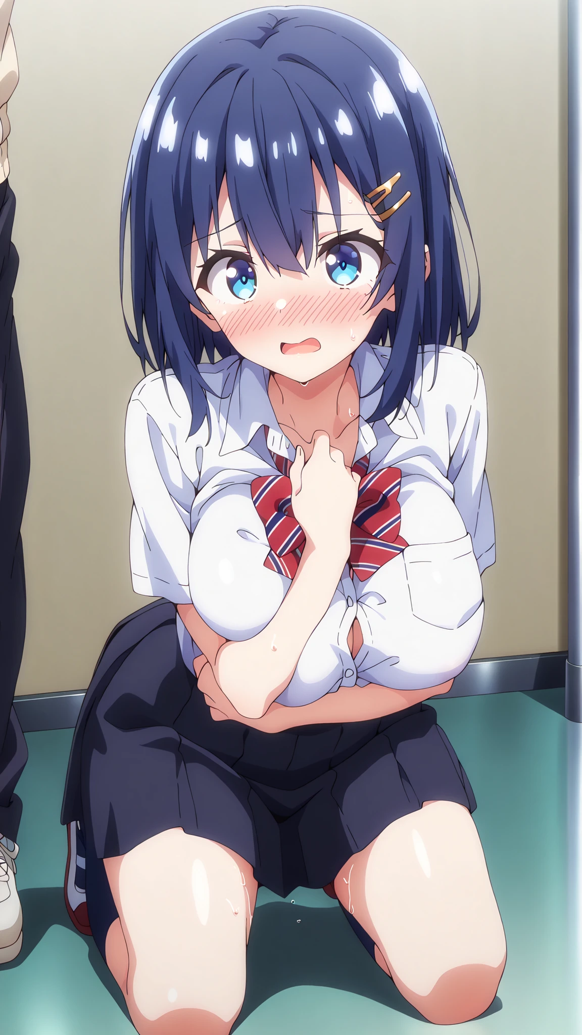 (NTR:1.3),school_uniform,white shirt,short_sleeves,bowtie, pleated_skirt,black skirt,,Makeup,(AkaneNanao,1girl,dark navy blue hair,medium hair,hairclip,blue eyes, large breasts,open mouth,shy,blush),score_9, score_8_up, score_7_up, 8k, high quality, best quality, high quality detailed, rating_explicit,(very aesthetic),( high detailed eyes:1.2), perfect anatomy, (very beautiful eyes:1.2), masterpiece,cute,sexy,(1 boy,dominant male,),full body