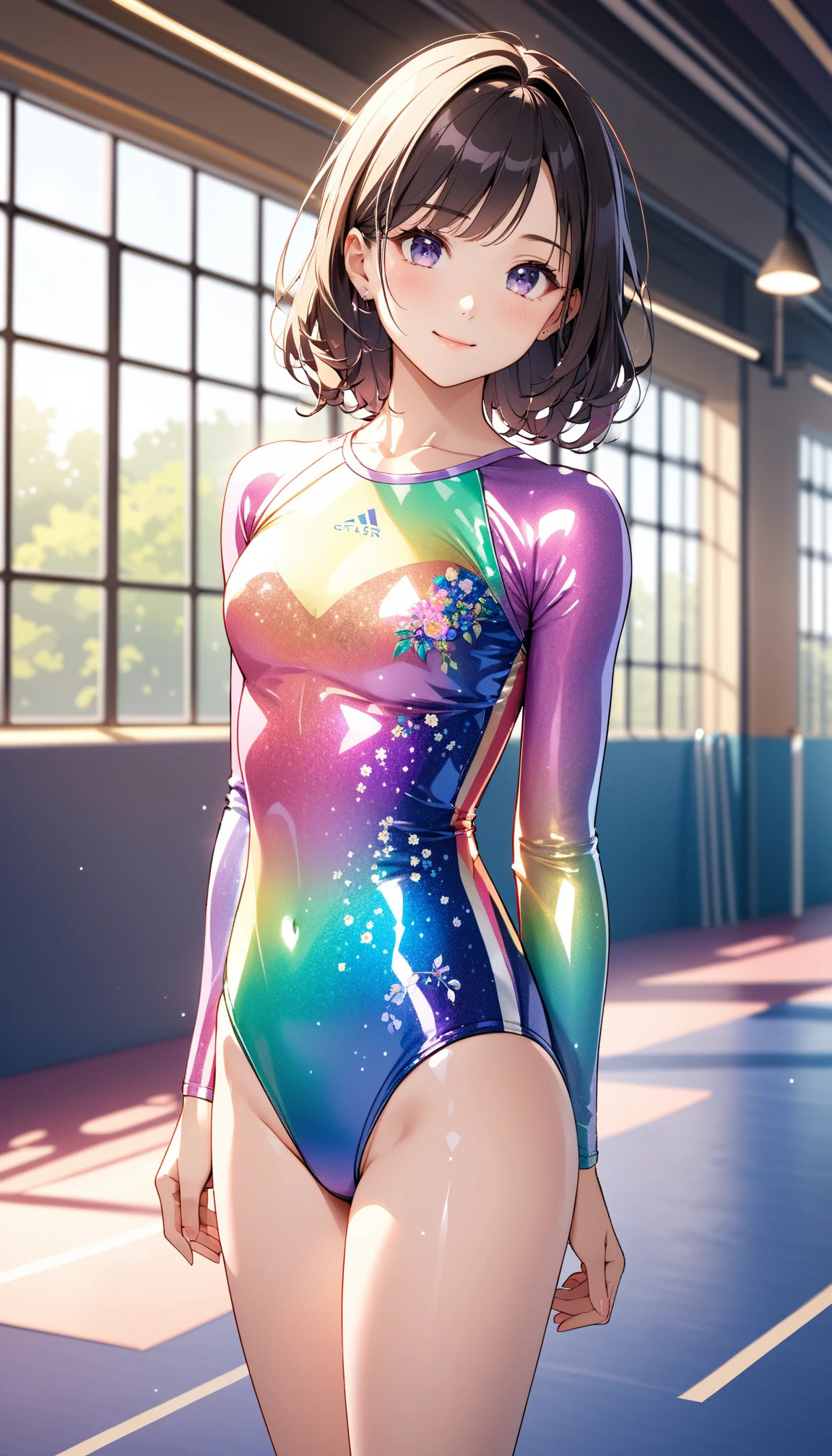 expensivequality illustration, masterpiece, Very delicate and beautiful, Attractive girl,(Gymnastics leotard, Floral print leotard,Long sleeve leotard with glittery embellishments,expensive_Leg leotard,athletic leotard,tight-fitting leotard,Rainbow gradient leotard),thin,Slender body,slim,expensive school,Gymnasium background,Gymnastics Club,Gymnast,Princess, Beautiful Eyes,A light smile,(masterpiece, Highest quality:1.2), expensiveres, 非常に詳細な CG ユニティ 8K 壁紙, Perfect lighting, colorful, ultra-expensive res,4K,Super detailed, photograph, 8K, High resolution, 17 years old, 