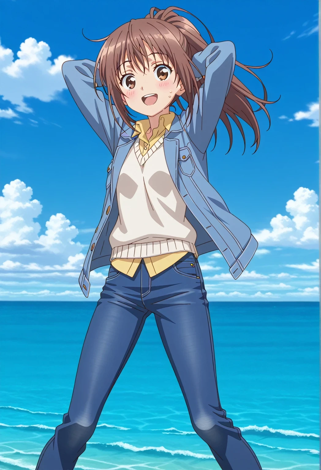 score_9, score_8_up, score_7_up, source_anime, highres, hi res, ((best quality, top quality, perfect quality, Highest Quality, amazing quality)), {{masterpiece}}, {{an extremely delicate and beautiful}}, 2d, intricate details, official style, anime, 8k, anime style, official_anime, official art, digital painting, cell shading, soft shading, high resolution, soothing tones, Subdued Color, Soft cinematic light, adobe lightroom, photolab, HDR, intricately and hyper-detailed, ((high quality animation)), 1 girl, Alone, solo, ((ocean)), tsunami, on the water, day, sunny, outdoors, sky, windy, sally, long hair, ponytail, brown hair, brown eyes, anime screencap, small breasts, blue denim jacket, shirt collar, untucked shirts, yellow shirt, white sweater vest, long sleeves, best quality, hyper-detailed jeans, ((blue jeans:1.9)), (dark blue jeans:0.6), full medium body, medium shot, Open mouth, smiling, happy face, blush, sweat, standing, ((arms behind head:6.0)), bowlegged, jumping pose, action, looking at viewer, spread legs, Bend knees slightly, straight-on front view