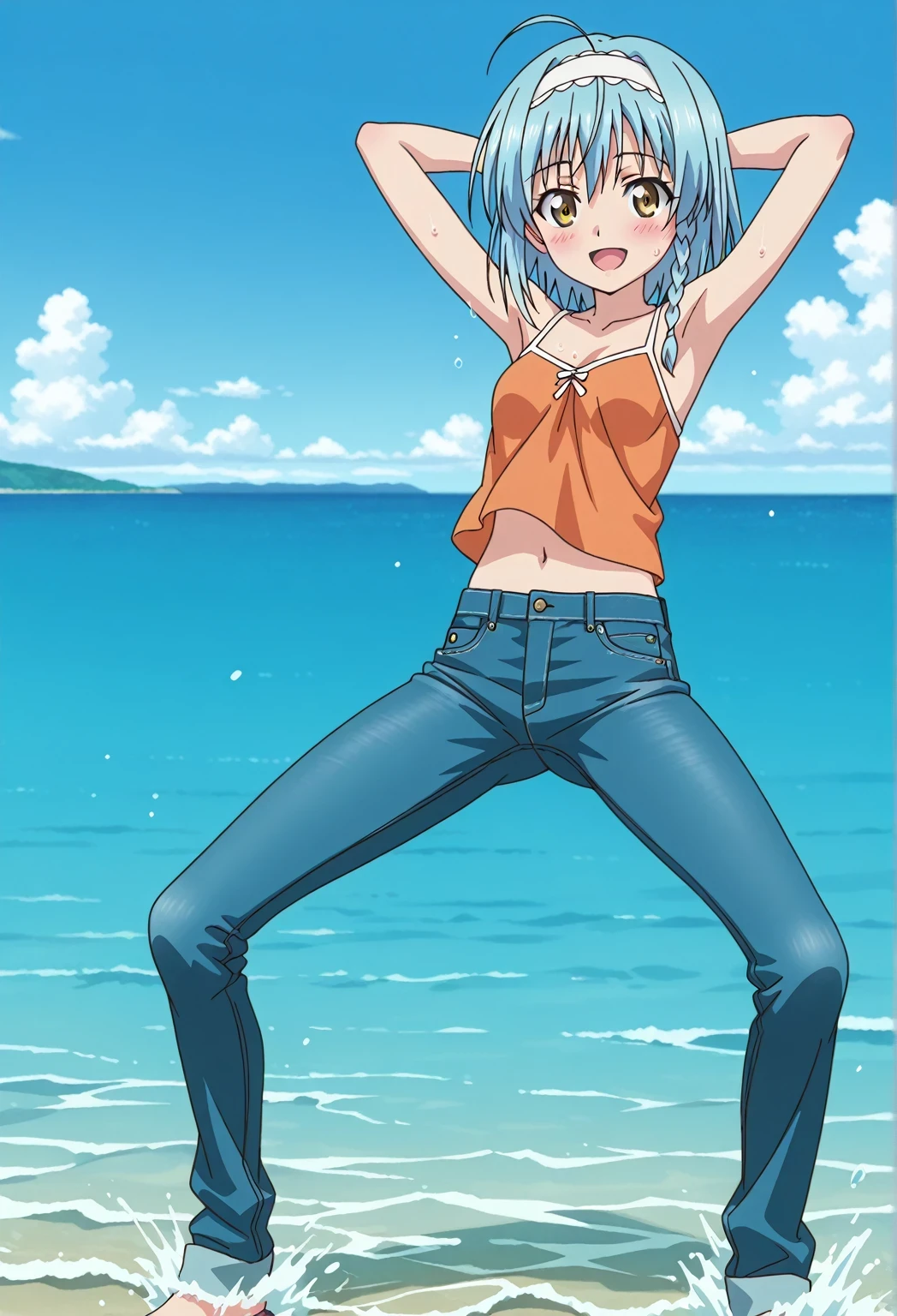 score_9, score_8_up, score_7_up, source_anime, highres, hi res, ((best quality, top quality, perfect quality, Highest Quality, amazing quality)), {{masterpiece}}, {{an extremely delicate and beautiful}}, 2d, intricate details, official style, anime, 8k, anime style, official_anime, official art, digital painting, cell shading, soft shading, high resolution, soothing tones, Subdued Color, Soft cinematic light, adobe lightroom, photolab, HDR, intricately and hyper-detailed, ((high quality animation)), 1 girl, Alone, solo, ((ocean)), tsunami, on the water, day, sunny, outdoors, sky, windy, yuki nonaka, long hair, short hair, blue hair, yellow eyes, braid, ahoge, hairband, ((one side braid)), anime screencap, small breasts, orange camisole top, crop top, orange crop top, best quality, hyper-detailed jeans, ((blue jeans:1.9)), (dark blue jeans:0.6), full medium body, medium shot, Open mouth, smiling, happy face, blush, sweat, standing, ((arms behind head:6.0)), bowlegged, sliding pose, action, looking at viewer, spread legs, Bend knees slightly, straight-on front view