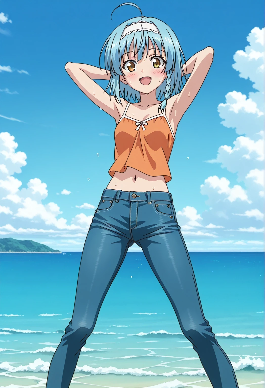 score_9, score_8_up, score_7_up, source_anime, highres, hi res, ((best quality, top quality, perfect quality, Highest Quality, amazing quality)), {{masterpiece}}, {{an extremely delicate and beautiful}}, 2d, intricate details, official style, anime, 8k, anime style, official_anime, official art, digital painting, cell shading, soft shading, high resolution, soothing tones, Subdued Color, Soft cinematic light, adobe lightroom, photolab, HDR, intricately and hyper-detailed, ((high quality animation)), 1 girl, Alone, solo, ((ocean)), tsunami, on the water, day, sunny, outdoors, sky, windy, yuki nonaka, long hair, short hair, blue hair, yellow eyes, braid, ahoge, hairband, ((one side braid)), anime screencap, small breasts, orange camisole top, crop top, orange crop top, best quality, hyper-detailed jeans, ((blue jeans:1.9)), (dark blue jeans:0.6), full medium body, medium shot, Open mouth, smiling, happy face, blush, sweat, standing, ((arms behind head:6.0)), bowlegged, sliding pose, action, looking at viewer, spread legs, Bend knees slightly, straight-on front view