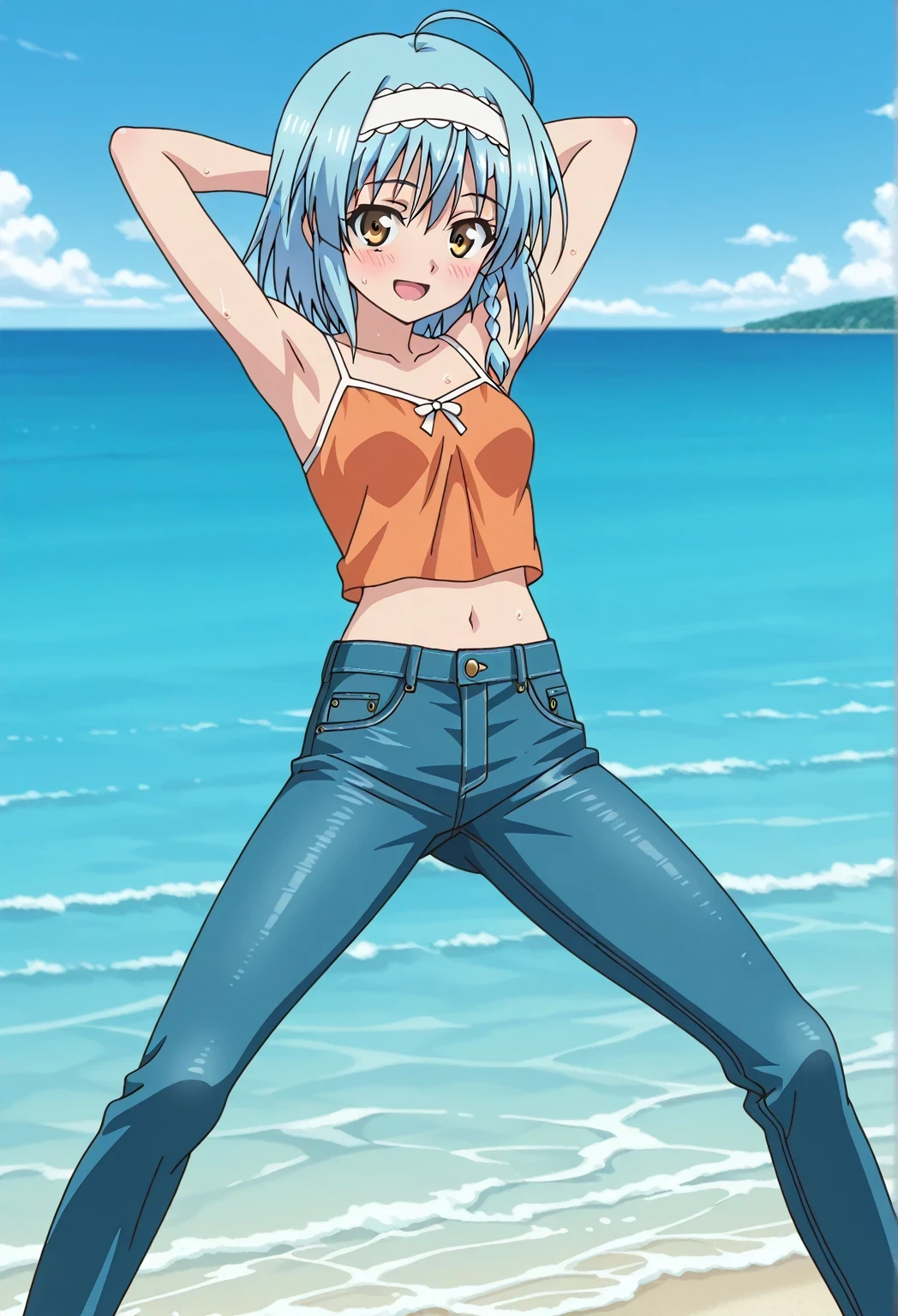 score_9, score_8_up, score_7_up, source_anime, highres, hi res, ((best quality, top quality, perfect quality, Highest Quality, amazing quality)), {{masterpiece}}, {{an extremely delicate and beautiful}}, 2d, intricate details, official style, anime, 8k, anime style, official_anime, official art, digital painting, cell shading, soft shading, high resolution, soothing tones, Subdued Color, Soft cinematic light, adobe lightroom, photolab, HDR, intricately and hyper-detailed, ((high quality animation)), 1 girl, Alone, solo, ((ocean)), tsunami, on the water, day, sunny, outdoors, sky, windy, yuki nonaka, long hair, short hair, blue hair, yellow eyes, braid, ahoge, hairband, ((one side braid)), anime screencap, small breasts, orange camisole top, crop top, orange crop top, best quality, hyper-detailed jeans, ((blue jeans:1.9)), (dark blue jeans:0.6), full medium body, medium shot, Open mouth, smiling, happy face, blush, sweat, standing, ((arms behind head:6.0)), bowlegged, sliding pose, action, looking at viewer, spread legs, Bend knees slightly, straight-on front view