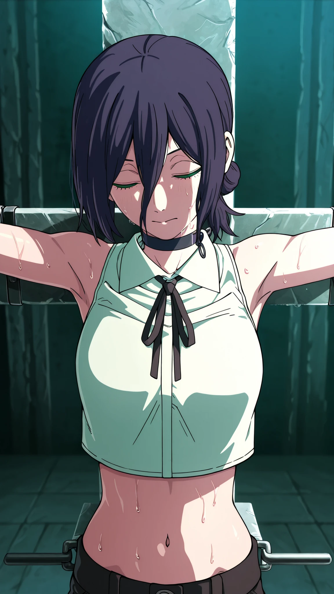 masterpiece, best quality, amazing quality, anime screencap, anime coloring, 1girl, solo, reze \(chainsaw man\), reze, green eyes, hair between eyes, hair bun, black choker, black ribbon, white sleeveless shirt, crop top, stomach focus, collared shirt, closed eyes ,(sweaty 0,7), (restraint:1.2), (crucifixion 1.4), crucifixion stand:1.3), (arms outstretched), (manacles,shackles,collar)