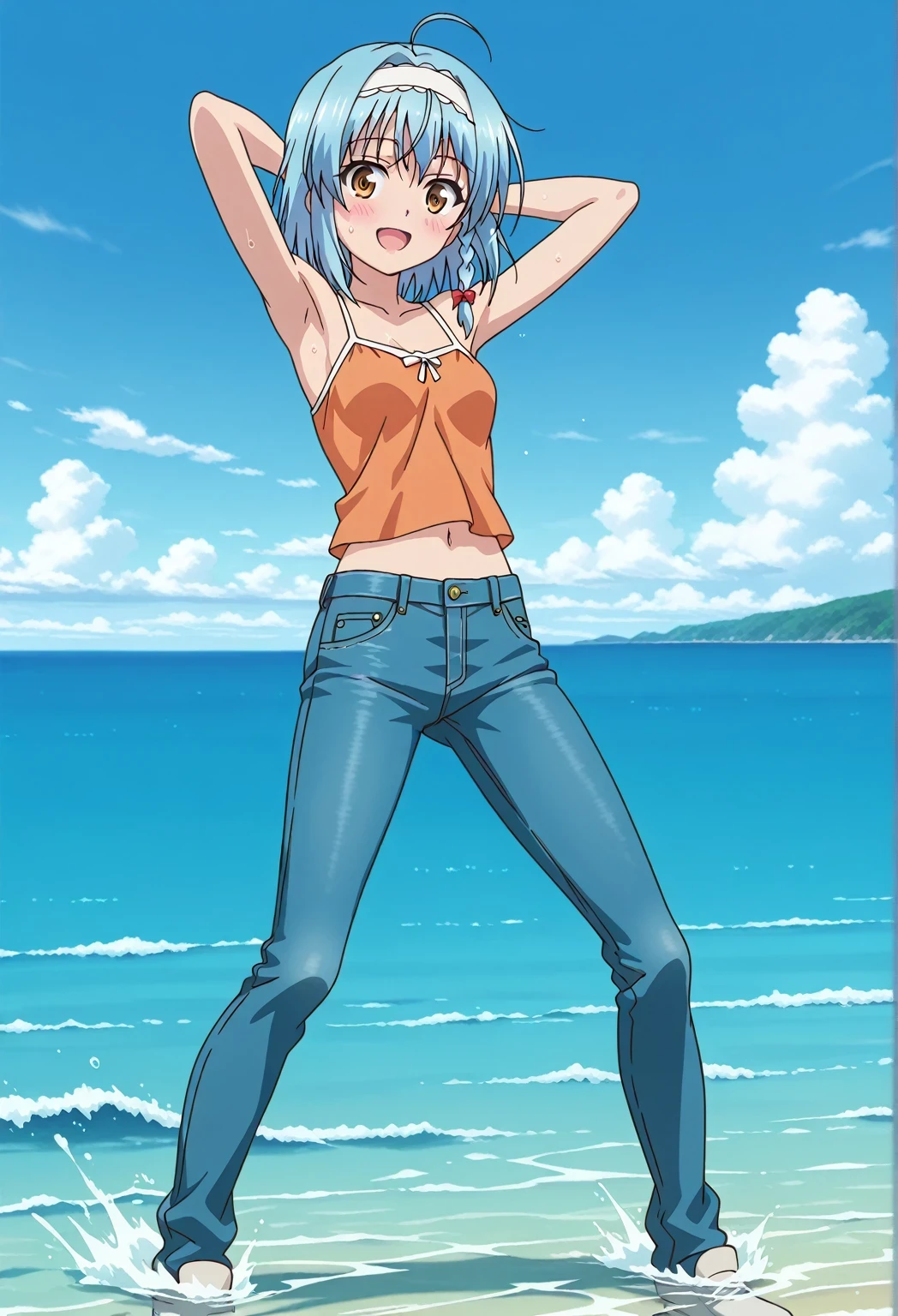 score_9, score_8_up, score_7_up, source_anime, highres, hi res, ((best quality, top quality, perfect quality, Highest Quality, amazing quality)), {{masterpiece}}, {{an extremely delicate and beautiful}}, 2d, intricate details, official style, anime, 8k, anime style, official_anime, official art, digital painting, cell shading, soft shading, high resolution, soothing tones, Subdued Color, Soft cinematic light, adobe lightroom, photolab, HDR, intricately and hyper-detailed, ((high quality animation)), 1 girl, Alone, solo, ((ocean)), tsunami, on the water, day, sunny, outdoors, sky, windy, yuki nonaka, long hair, short hair, blue hair, yellow eyes, braid, ahoge, hairband, ((one side braid)), anime screencap, small breasts, orange camisole top, crop top, orange crop top, best quality, hyper-detailed jeans, ((blue jeans:1.9)), (dark blue jeans:0.6), full medium body, medium shot, Open mouth, smiling, happy face, blush, sweat, standing, ((arms behind head:6.0)), bowlegged, sliding pose, action, looking at viewer, spread legs, Bend knees slightly, straight-on front view