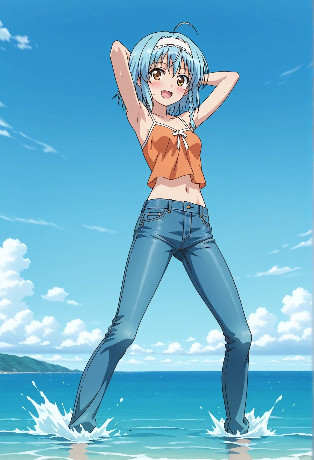 score_9, score_8_up, score_7_up, source_anime, highres, hi res, ((best quality, top quality, perfect quality, Highest Quality, amazing quality)), {{masterpiece}}, {{an extremely delicate and beautiful}}, 2d, intricate details, official style, anime, 8k, anime style, official_anime, official art, digital painting, cell shading, soft shading, high resolution, soothing tones, Subdued Color, Soft cinematic light, adobe lightroom, photolab, HDR, intricately and hyper-detailed, ((high quality animation)), 1 girl, Alone, solo, ((ocean)), tsunami, on the water, day, sunny, outdoors, sky, windy, yuki nonaka, long hair, short hair, blue hair, yellow eyes, braid, ahoge, hairband, ((one side braid)), anime screencap, small breasts, orange camisole top, crop top, orange crop top, best quality, hyper-detailed jeans, ((blue jeans:1.9)), (dark blue jeans:0.6), full medium body, medium shot, Open mouth, smiling, happy face, blush, sweat, standing, ((arms behind head:6.0)), bowlegged, sliding pose, action, looking at viewer, spread legs, Bend knees slightly, straight-on front view