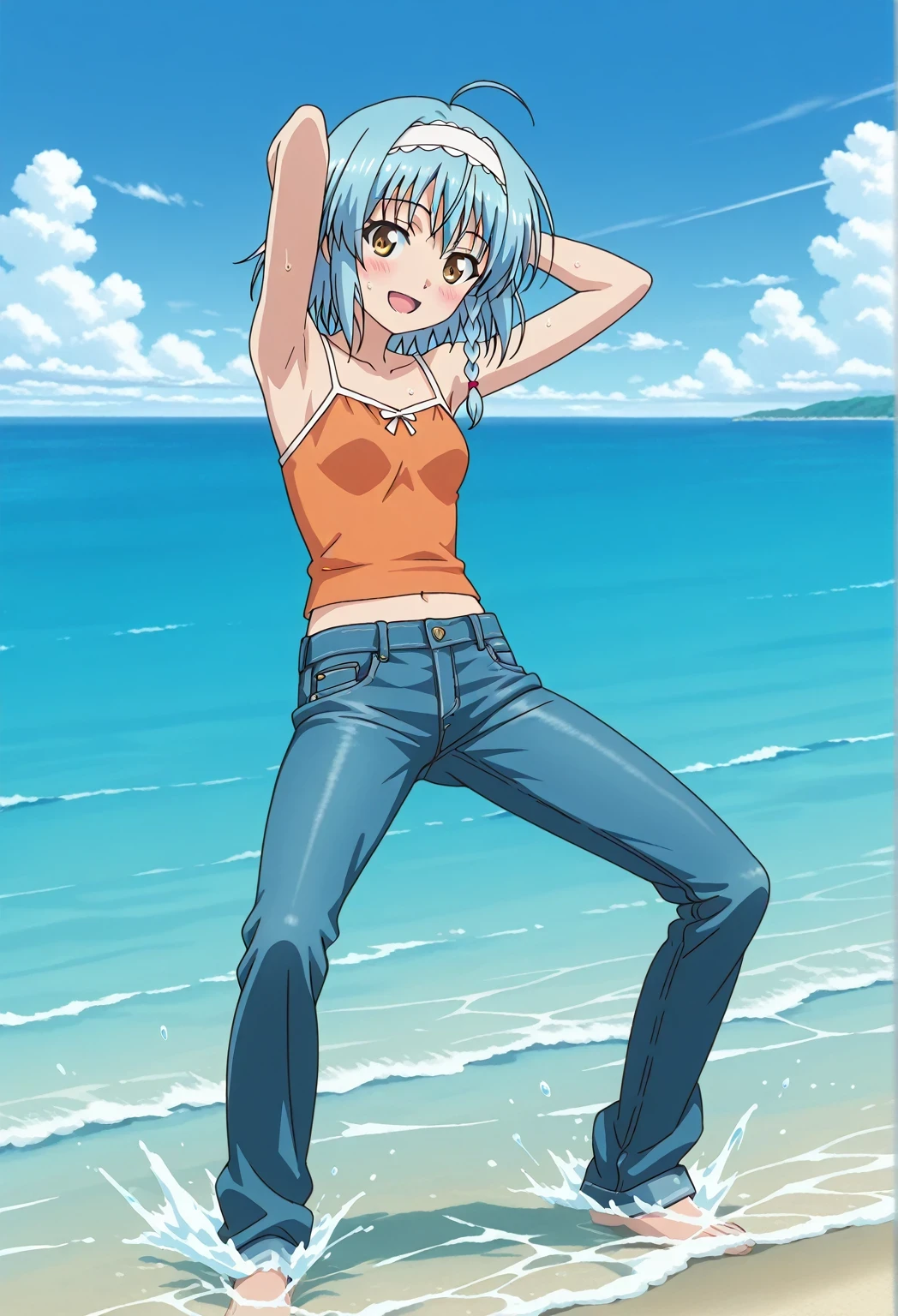 score_9, score_8_up, score_7_up, source_anime, highres, hi res, ((best quality, top quality, perfect quality, Highest Quality, amazing quality)), {{masterpiece}}, {{an extremely delicate and beautiful}}, 2d, intricate details, official style, anime, 8k, anime style, official_anime, official art, digital painting, cell shading, soft shading, high resolution, soothing tones, Subdued Color, Soft cinematic light, adobe lightroom, photolab, HDR, intricately and hyper-detailed, ((high quality animation)), 1 girl, Alone, solo, ((ocean)), tsunami, on the water, day, sunny, outdoors, sky, windy, yuki nonaka, long hair, short hair, blue hair, yellow eyes, braid, ahoge, hairband, ((one side braid)), anime screencap, small breasts, orange camisole top, crop top, orange crop top, best quality, hyper-detailed jeans, ((blue jeans:1.9)), (dark blue jeans:0.6), full medium body, medium shot, Open mouth, smiling, happy face, blush, sweat, standing, ((arms behind head:6.0)), bowlegged, sliding pose, action, looking at viewer, spread legs, Bend knees slightly, straight-on front view