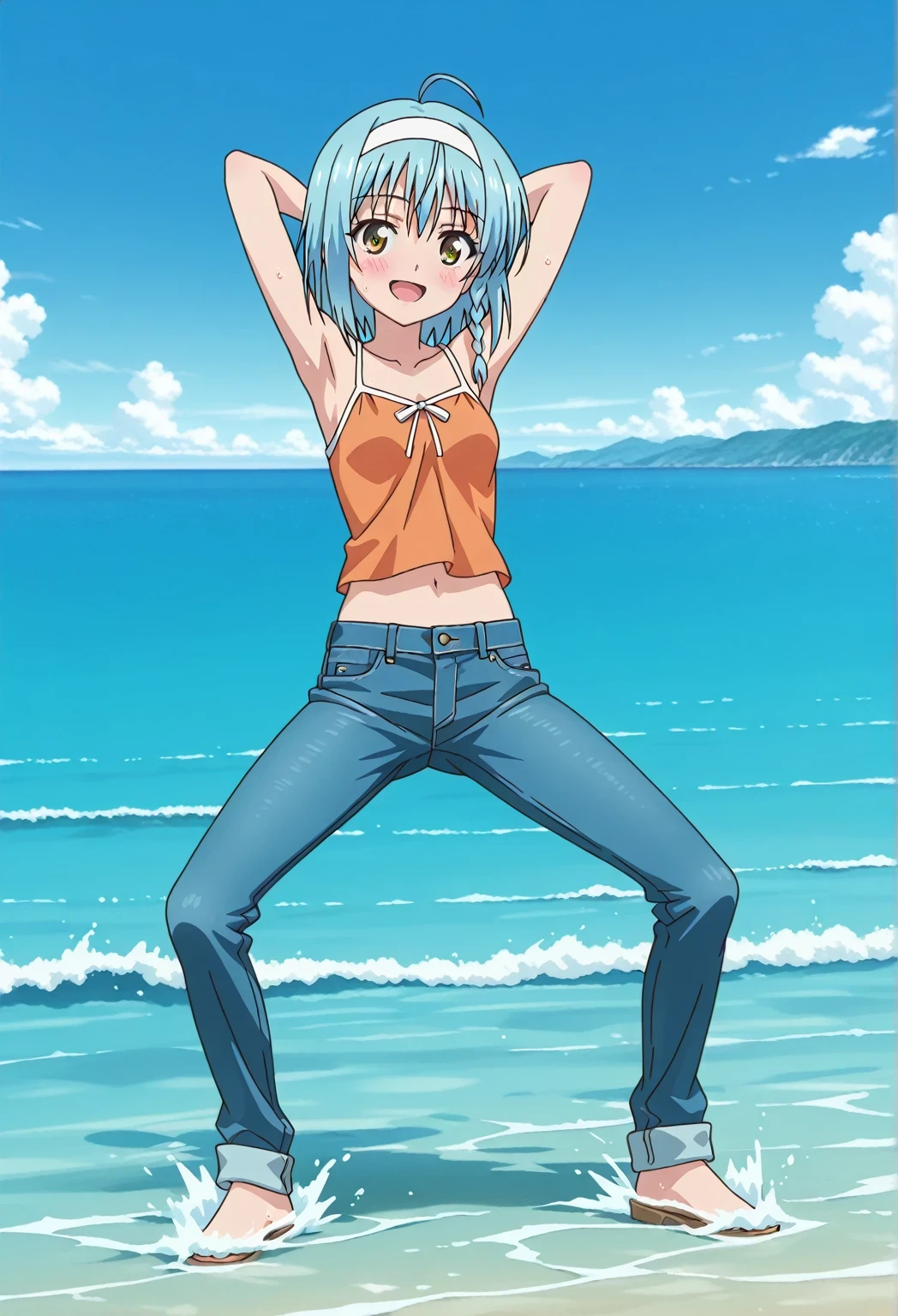 score_9, score_8_up, score_7_up, source_anime, highres, hi res, ((best quality, top quality, perfect quality, Highest Quality, amazing quality)), {{masterpiece}}, {{an extremely delicate and beautiful}}, 2d, intricate details, official style, anime, 8k, anime style, official_anime, official art, digital painting, cell shading, soft shading, high resolution, soothing tones, Subdued Color, Soft cinematic light, adobe lightroom, photolab, HDR, intricately and hyper-detailed, ((high quality animation)), 1 girl, Alone, solo, ((ocean)), tsunami, on the water, day, sunny, outdoors, sky, windy, yuki nonaka, long hair, short hair, blue hair, yellow eyes, braid, ahoge, hairband, ((one side braid)), anime screencap, small breasts, orange camisole top, crop top, orange crop top, best quality, hyper-detailed jeans, ((blue jeans:1.9)), (dark blue jeans:0.6), full medium body, medium shot, Open mouth, smiling, happy face, blush, sweat, standing, ((arms behind head:6.0)), bowlegged, sliding pose, action, looking at viewer, spread legs, Bend knees slightly, straight-on front view