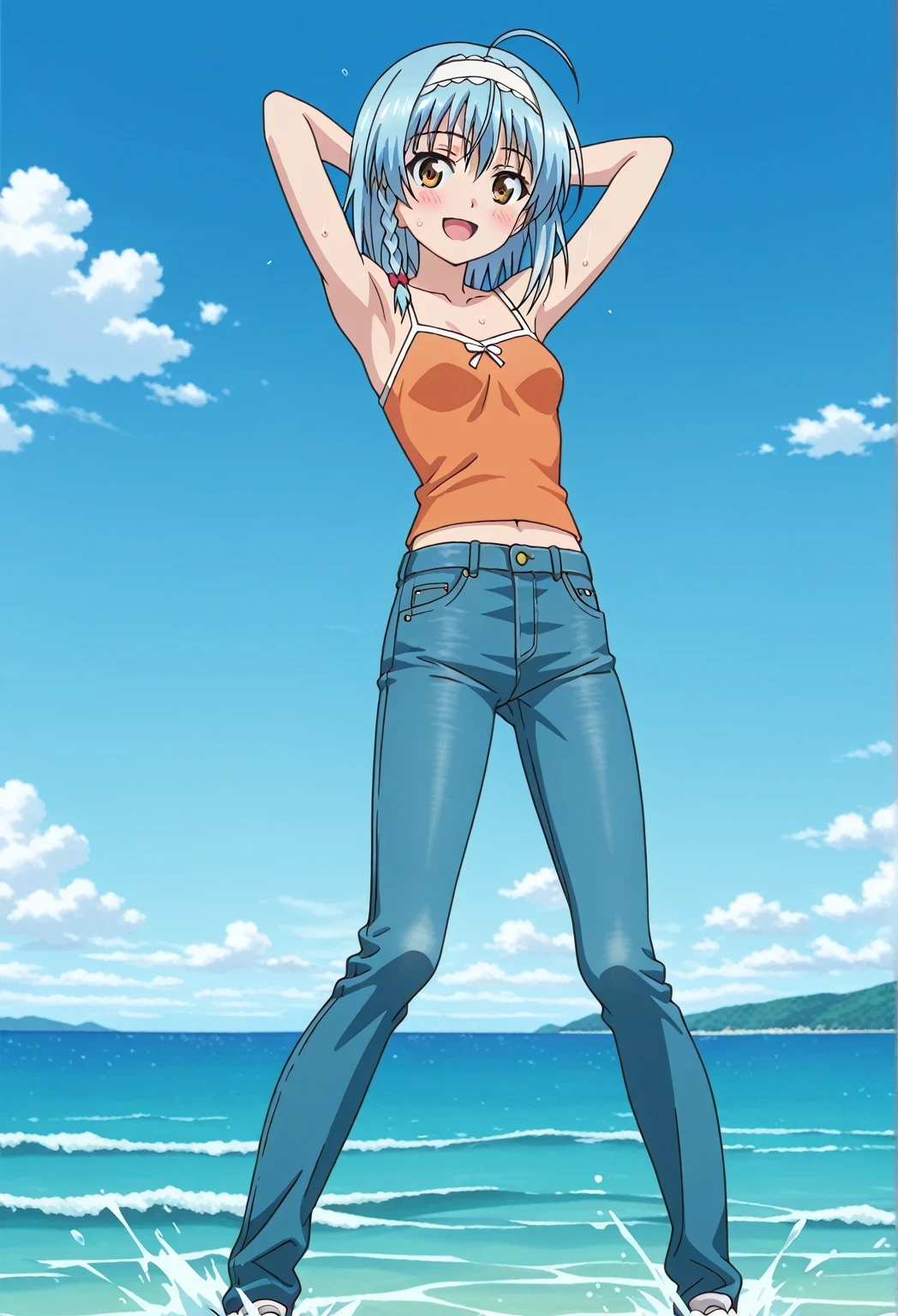 score_9, score_8_up, score_7_up, source_anime, highres, hi res, ((best quality, top quality, perfect quality, Highest Quality, amazing quality)), {{masterpiece}}, {{an extremely delicate and beautiful}}, 2d, intricate details, official style, anime, 8k, anime style, official_anime, official art, digital painting, cell shading, soft shading, high resolution, soothing tones, Subdued Color, Soft cinematic light, adobe lightroom, photolab, HDR, intricately and hyper-detailed, ((high quality animation)), 1 girl, Alone, solo, ((ocean)), tsunami, on the water, day, sunny, outdoors, sky, windy, yuki nonaka, long hair, short hair, blue hair, yellow eyes, braid, ahoge, hairband, ((one side braid)), anime screencap, small breasts, orange camisole top, crop top, orange crop top, best quality, hyper-detailed jeans, ((blue jeans:1.9)), (dark blue jeans:0.6), full medium body, medium shot, Open mouth, smiling, happy face, blush, sweat, standing, ((arms behind head:6.0)), bowlegged, sliding pose, action, looking at viewer, spread legs, Bend knees slightly, straight-on front view