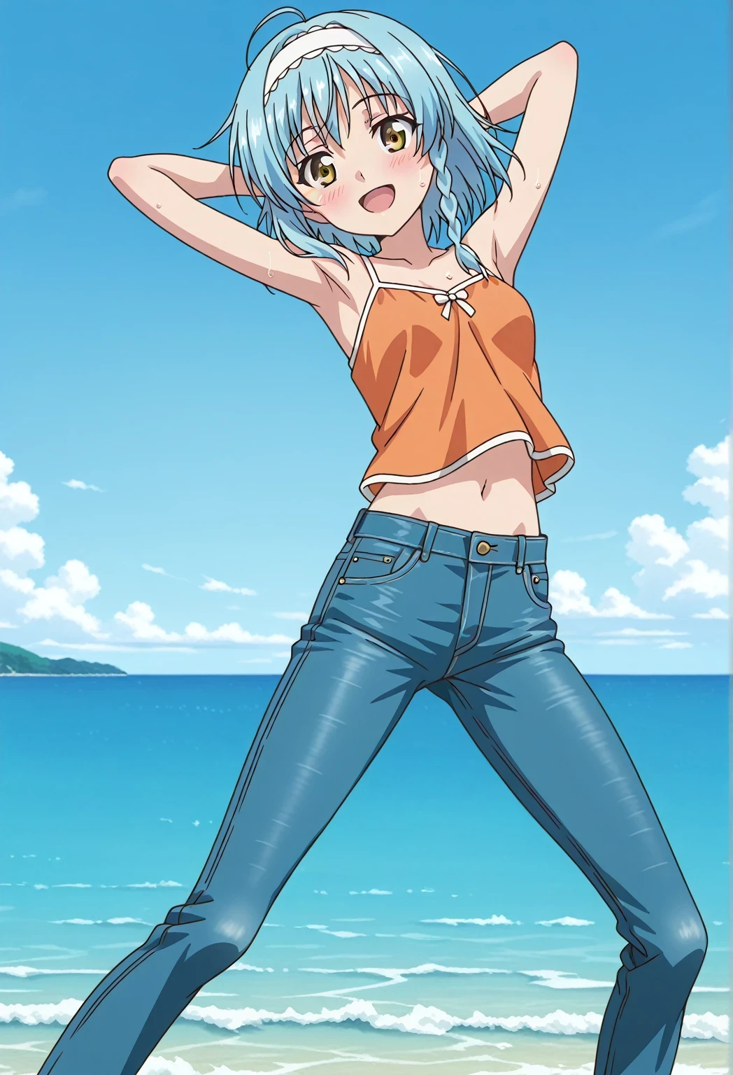 score_9, score_8_up, score_7_up, source_anime, highres, hi res, ((best quality, top quality, perfect quality, Highest Quality, amazing quality)), {{masterpiece}}, {{an extremely delicate and beautiful}}, 2d, intricate details, official style, anime, 8k, anime style, official_anime, official art, digital painting, cell shading, soft shading, high resolution, soothing tones, Subdued Color, Soft cinematic light, adobe lightroom, photolab, HDR, intricately and hyper-detailed, ((high quality animation)), 1 girl, Alone, solo, ((ocean)), tsunami, on the water, day, sunny, outdoors, sky, windy, yuki nonaka, long hair, short hair, blue hair, yellow eyes, braid, ahoge, hairband, ((one side braid)), anime screencap, small breasts, orange camisole top, crop top, orange crop top, best quality, hyper-detailed jeans, ((blue jeans:1.9)), (dark blue jeans:0.6), full medium body, medium shot, Open mouth, smiling, happy face, blush, sweat, standing, ((arms behind head:6.0)), bowlegged, sliding pose, action, looking at viewer, spread legs, Bend knees slightly, straight-on front view