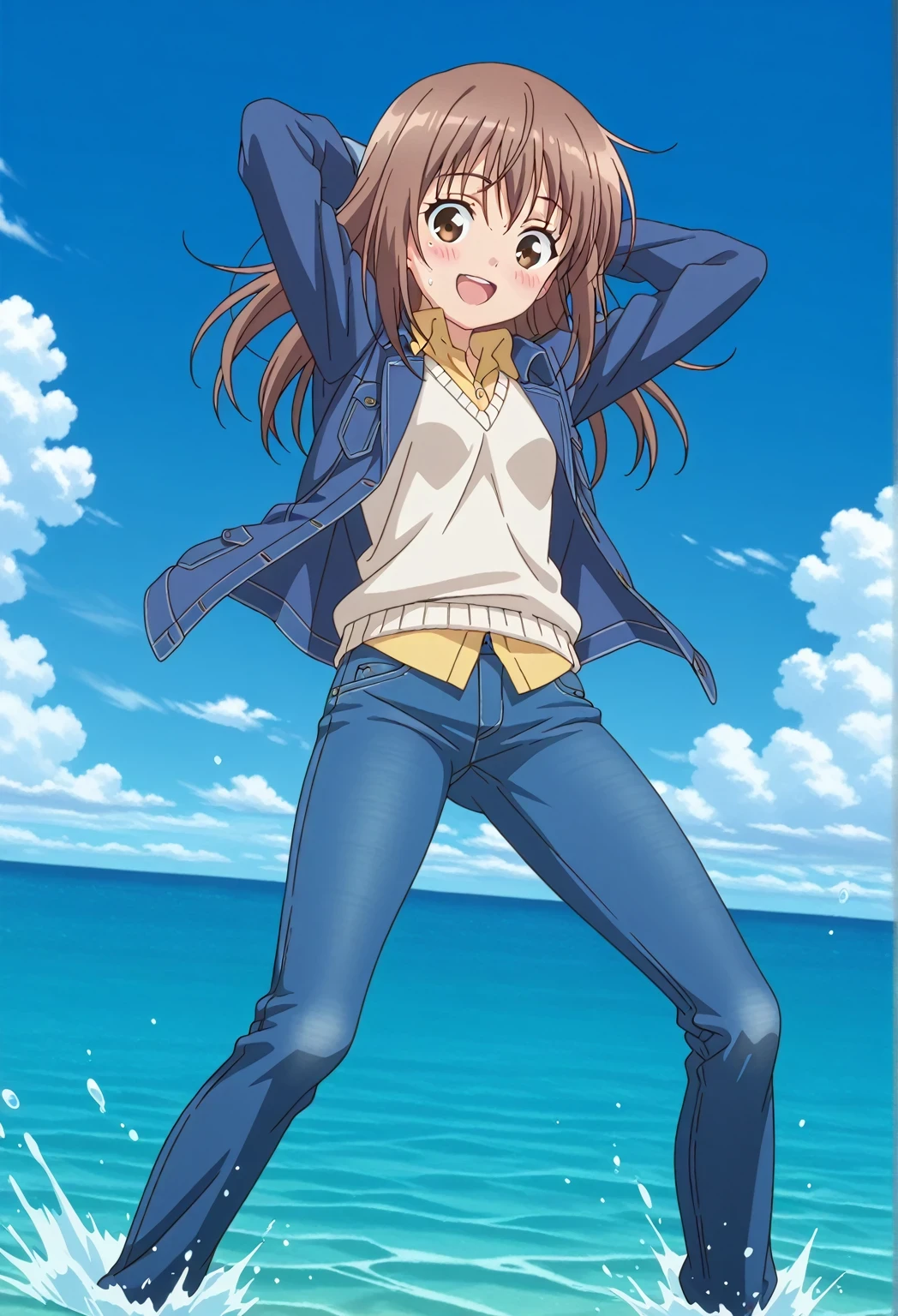 score_9, score_8_up, score_7_up, source_anime, highres, hi res, ((best quality, top quality, perfect quality, Highest Quality, amazing quality)), {{masterpiece}}, {{an extremely delicate and beautiful}}, 2d, intricate details, official style, anime, 8k, anime style, official_anime, official art, digital painting, cell shading, soft shading, high resolution, soothing tones, Subdued Color, Soft cinematic light, adobe lightroom, photolab, HDR, intricately and hyper-detailed, ((high quality animation)), 1 girl, Alone, solo, ((ocean)), tsunami, on the water, day, sunny, outdoors, sky, windy, sally, long hair, brown hair, brown eyes, anime screencap, small breasts, blue denim jacket, shirt collar, untucked shirts, yellow shirt, white sweater vest, long sleeves, best quality, hyper-detailed jeans, ((blue jeans:1.9)), (dark blue jeans:0.6), full medium body, medium shot, Open mouth, smiling, happy face, blush, sweat, standing, ((arms behind head:6.0)), bowlegged, jumping pose, action, looking at viewer, spread legs, Bend knees slightly, straight-on front view