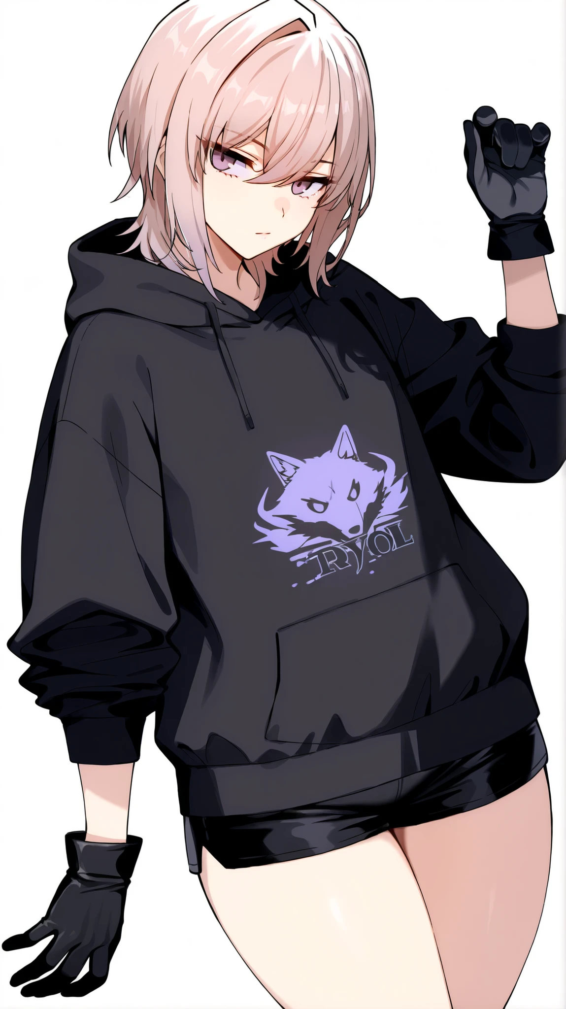 masterpiece, best quality, newest, absurdres, highres, detailed eyes, 1girl, mature, solo, light-white pink hair, short hair, wolf cut, double-parted bangs, swept bangs, single hair intake, hair between eyes, cool serious eyes, light-purple eyes, flat chest, contemporary, black hoodie, black shorts, idol clothes, sleeves, driving gloves, thighs, curvy, posing, simple background, white background,