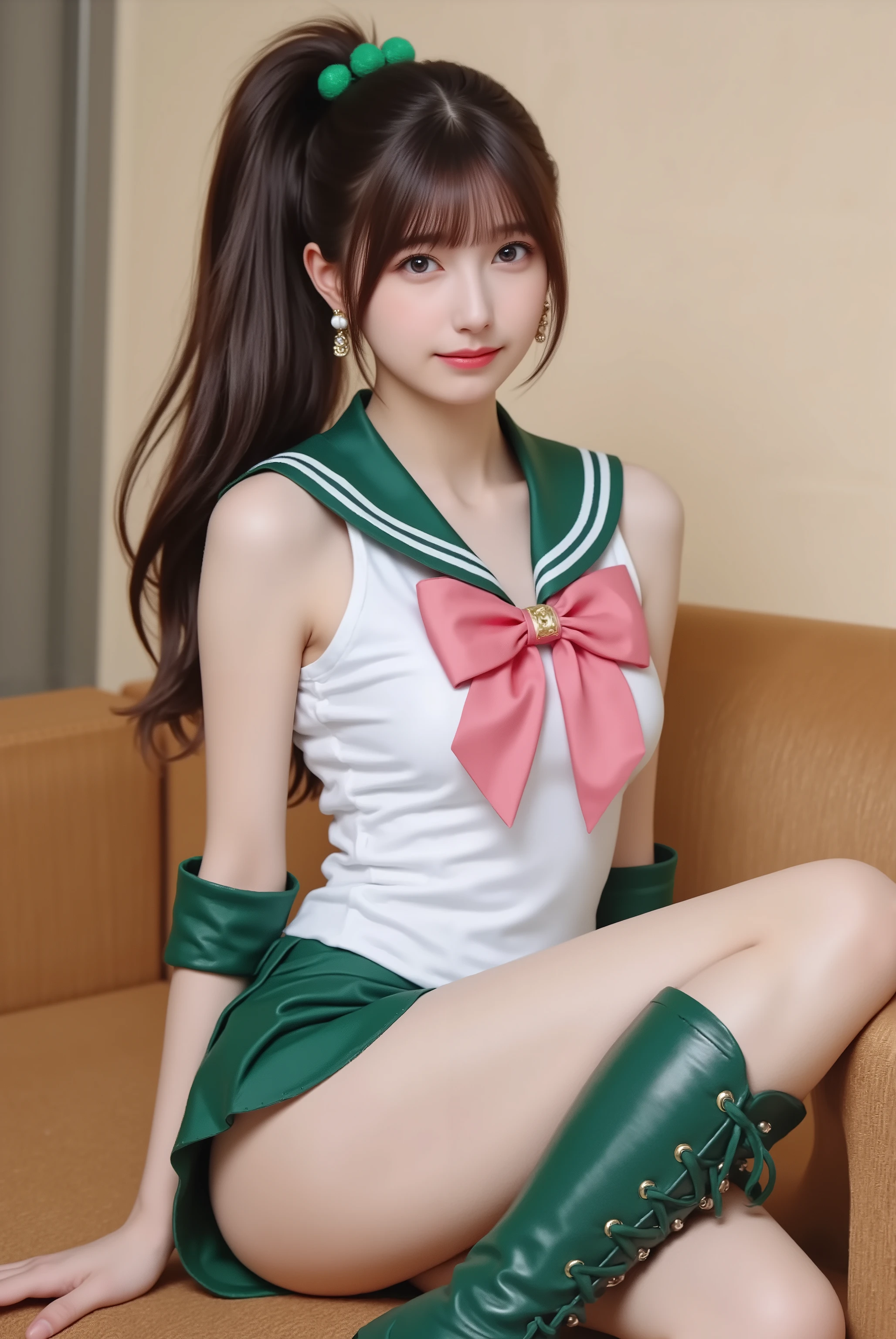 photorealistic cosplay photo, Japanese gravure style,
a tall and athletic Japanese idol-style young woman cosplaying as Sailor Jupiter from Sailor Moon,
bust-up or three-quarter portrait,
long brown hair tied in a high ponytail with green bobbles, bangs framing the face,
wearing Sailor Jupiter’s iconic sailor senshi uniform: white leotard, green skirt, green collar, pink bow on chest, pink bow on back, green boots with lace-up design, rose-shaped earrings,
confident but kind smile, natural makeup,
studio or outdoor background with cinematic lighting,
realistic skin details, sharp eyes, detailed hair strands,
idol gravure photography composition, clearly recognizable as Sailor Jupiter cosplay