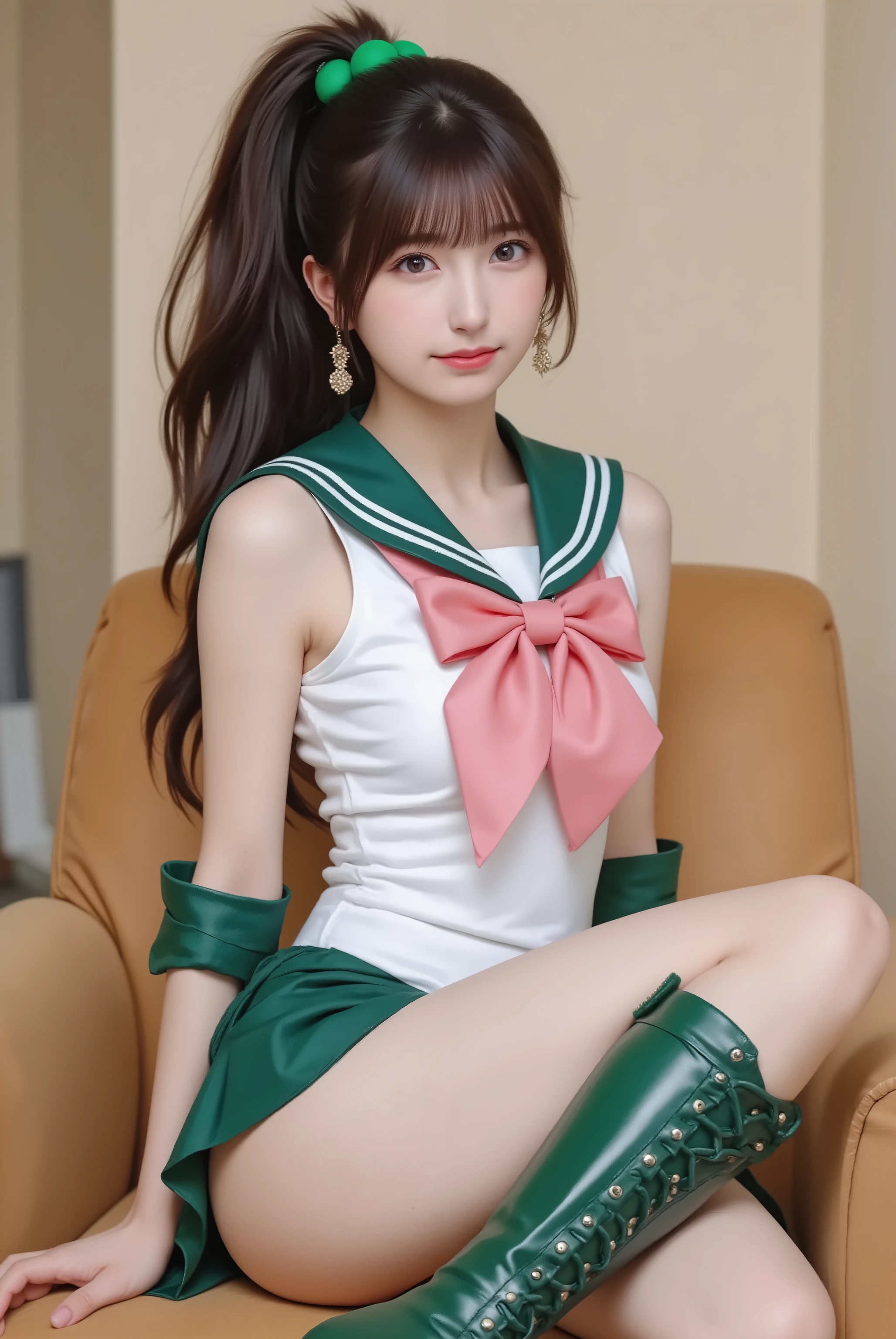 photorealistic cosplay photo, Japanese gravure style,
a tall and athletic Japanese idol-style young woman cosplaying as Sailor Jupiter from Sailor Moon,
bust-up or three-quarter portrait,
long brown hair tied in a high ponytail with green bobbles, bangs framing the face,
wearing Sailor Jupiter’s iconic sailor senshi uniform: white leotard, green skirt, green collar, pink bow on chest, pink bow on back, green boots with lace-up design, rose-shaped earrings,
confident but kind smile, natural makeup,
studio or outdoor background with cinematic lighting,
realistic skin details, sharp eyes, detailed hair strands,
idol gravure photography composition, clearly recognizable as Sailor Jupiter cosplay