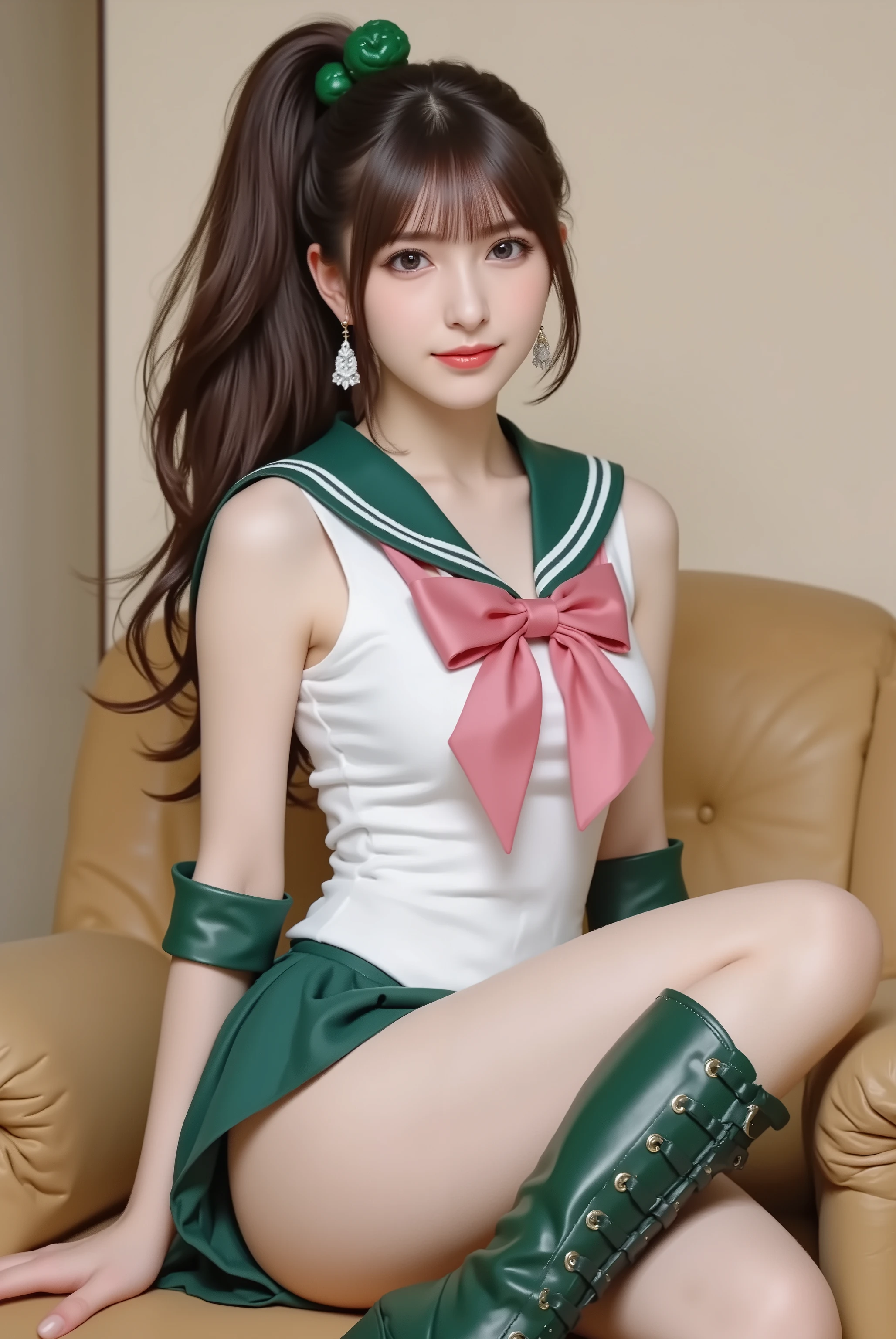 photorealistic cosplay photo, Japanese gravure style, 
a tall and athletic Japanese idol-style young woman cosplaying as Sailor Jupiter from Sailor Moon, 
bust-up or three-quarter portrait, 
long brown hair tied in a high ponytail with green bobbles, bangs framing the face, 
wearing Sailor Jupiter’s iconic sailor senshi uniform: white leotard, green skirt, green collar, pink bow on chest, pink bow on back, green boots with lace-up design, rose-shaped earrings, 
confident but kind smile, natural makeup, 
studio or outdoor background with cinematic lighting, 
realistic skin details, sharp eyes, detailed hair strands, 
idol gravure photography composition, clearly recognizable as Sailor Jupiter cosplay
