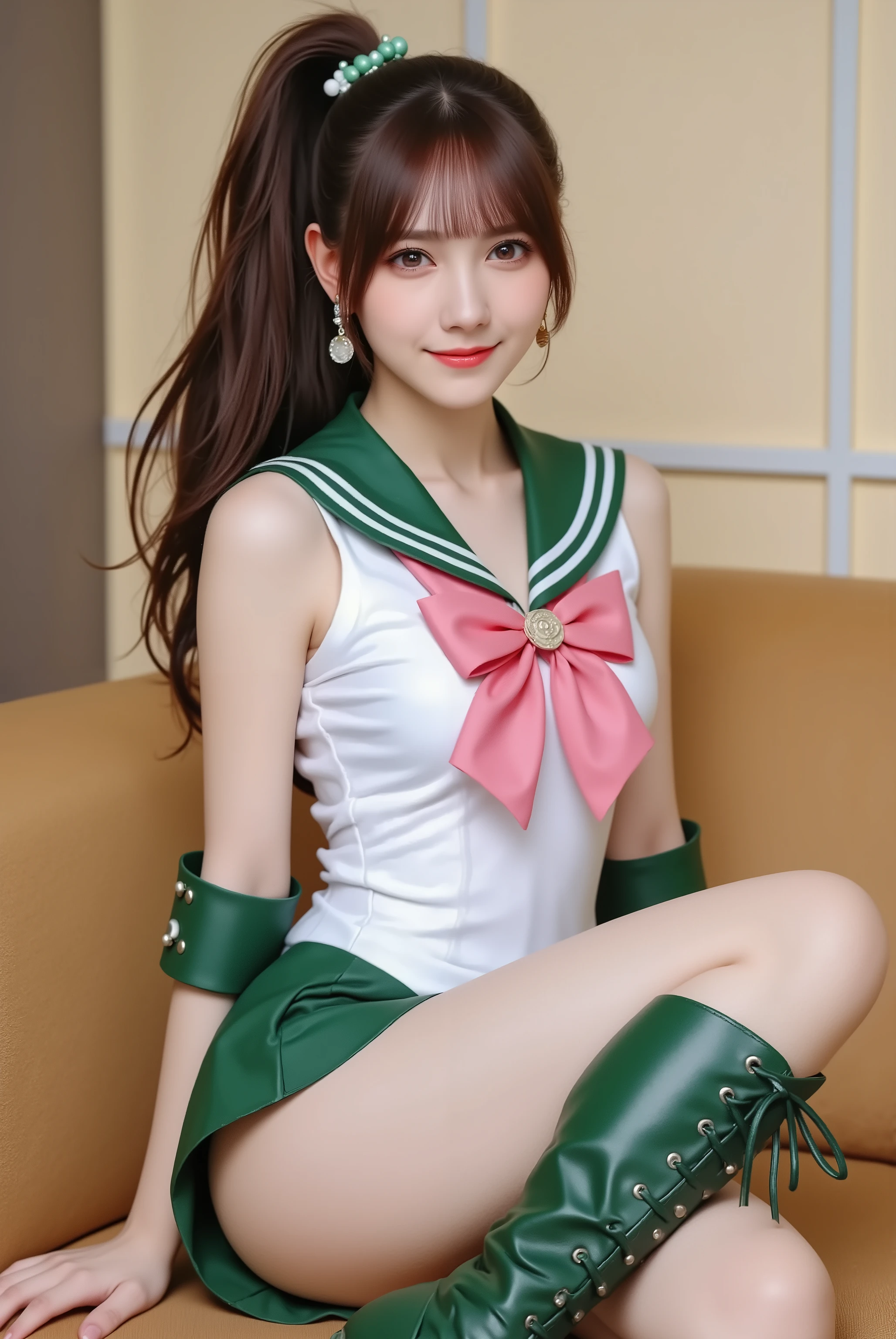 photorealistic cosplay photo, Japanese gravure style,
a tall and athletic Japanese idol-style young woman cosplaying as Sailor Jupiter from Sailor Moon,
bust-up or three-quarter portrait,
long brown hair tied in a high ponytail with green bobbles, bangs framing the face,
wearing Sailor Jupiter’s iconic sailor senshi uniform: white leotard, green skirt, green collar, pink bow on chest, pink bow on back, green boots with lace-up design, rose-shaped earrings,
confident but kind smile, natural makeup,
studio or outdoor background with cinematic lighting,
realistic skin details, sharp eyes, detailed hair strands,
idol gravure photography composition, clearly recognizable as Sailor Jupiter cosplay
