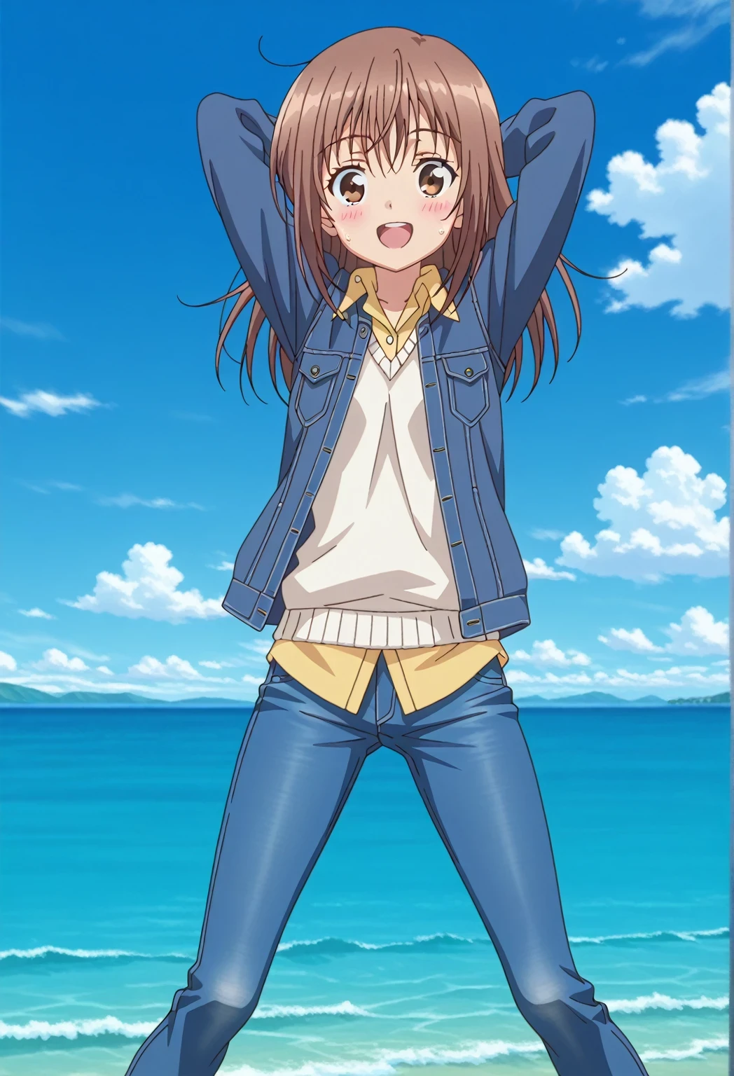 score_9, score_8_up, score_7_up, source_anime, highres, hi res, ((best quality, top quality, perfect quality, Highest Quality, amazing quality)), {{masterpiece}}, {{an extremely delicate and beautiful}}, 2d, intricate details, official style, anime, 8k, anime style, official_anime, official art, digital painting, cell shading, soft shading, high resolution, soothing tones, Subdued Color, Soft cinematic light, adobe lightroom, photolab, HDR, intricately and hyper-detailed, ((high quality animation)), 1 girl, Alone, solo, ((ocean)), tsunami, on the water, day, sunny, outdoors, sky, windy, sally, long hair, brown hair, brown eyes, anime screencap, small breasts, ((deep blue denim jacket)), shirt collar, untucked shirts, yellow shirt, white sweater vest, long sleeves, best quality, hyper-detailed jeans, ((blue jeans:1.9)), (dark blue jeans:0.6), full medium body, medium shot, Open mouth, smiling, happy face, blush, sweat, standing, ((arms behind head:6.0)), bowlegged, jumping pose, action, looking at viewer, spread legs, Bend knees slightly, straight-on front view