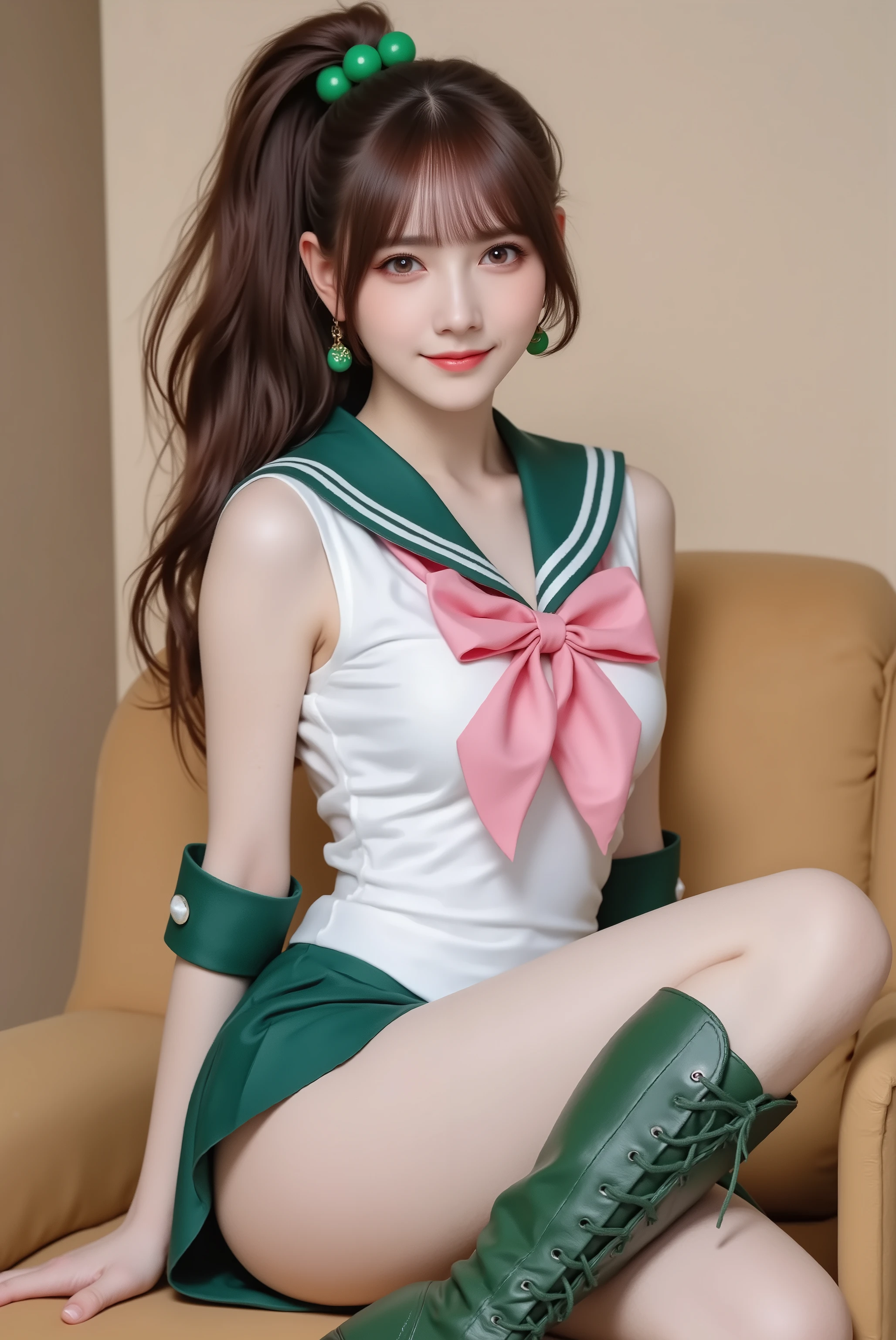 photorealistic cosplay photo, Japanese gravure style,
a tall and athletic Japanese idol-style young woman cosplaying as Sailor Jupiter from Sailor Moon,
bust-up or three-quarter portrait,
long brown hair tied in a high ponytail with green bobbles, bangs framing the face,
wearing Sailor Jupiter’s iconic sailor senshi uniform: white leotard, green skirt, green collar, pink bow on chest, pink bow on back, green boots with lace-up design, rose-shaped earrings,
confident but kind smile, natural makeup,
studio or outdoor background with cinematic lighting,
realistic skin details, sharp eyes, detailed hair strands,
idol gravure photography composition, clearly recognizable as Sailor Jupiter cosplay