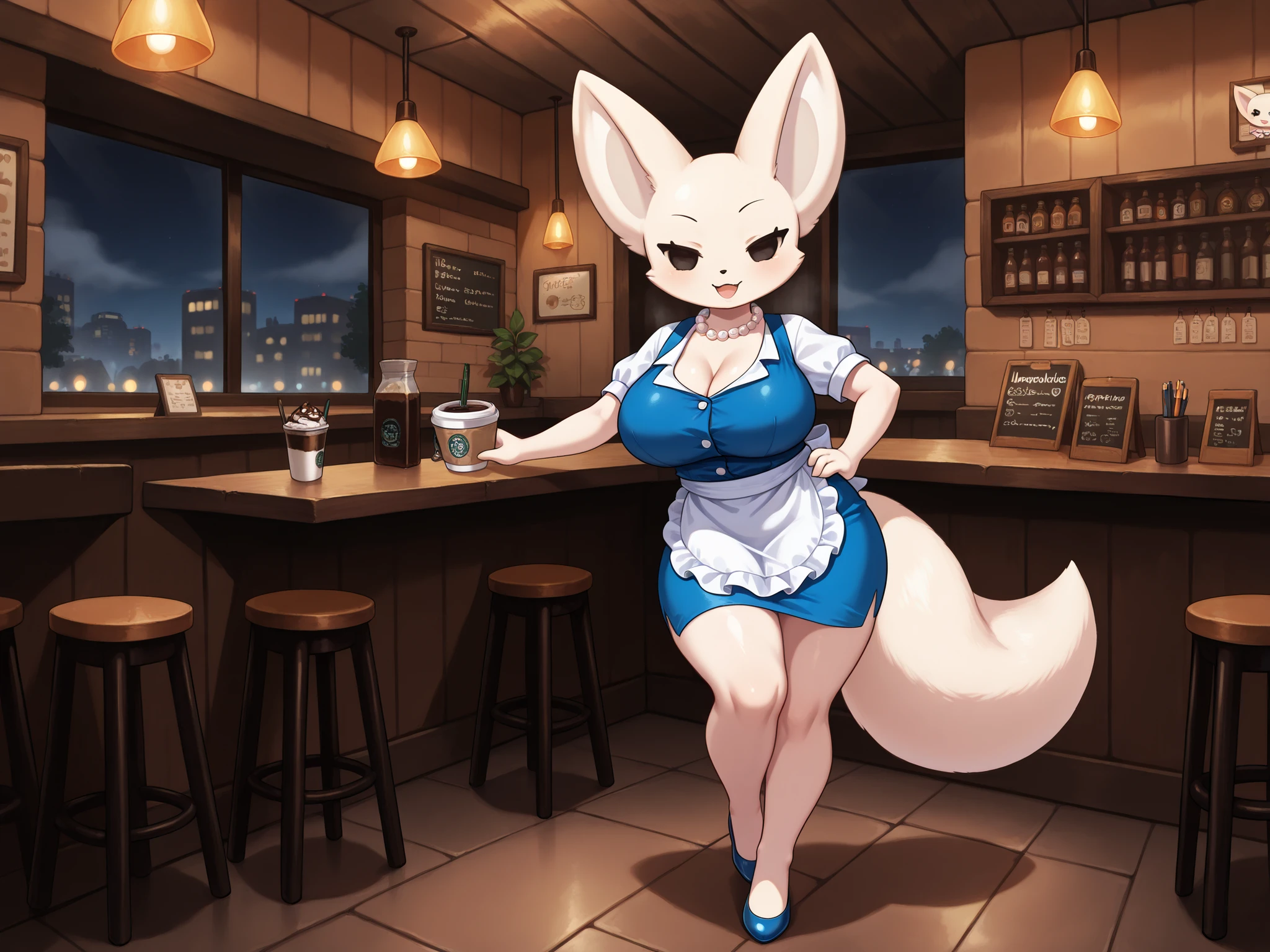 (masterpiece, the best quality), hairy:1.3, snout:1.2, The second:1.3, hairy:1.2, incredible quality, muy estético, absurd, high resolution, NEW , HDR-10, 8K, cinematic, professional photo, A girl, (((Fenneko:1.25))), short shirt, Pechos grandes, (Small but curvy), pearl necklace, Alone , (((seductive expression))), (((blue waitress dress with white apron and long pencil skirt covering up to the knee:1))), In a restaurant at night, standing,  coffee shop  ,with open mouth, underground dispersion,  translucent , brilliant, SSS, ambient lighting, atmospheric fog , Illustrations P0s , (super quality:1.2), full body image:1,
