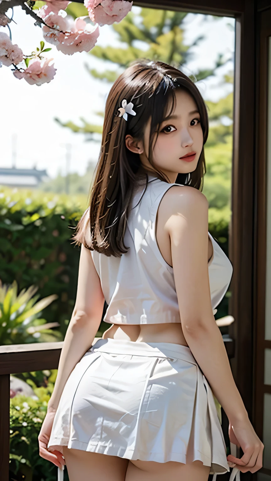 spread legs,split,split,spread legs,spread legs,エッチな膝裏、Tight buttocks with no constriction at the border between thighs and buttocks、(tight hip-up buttocks:1.5)、Tight buttocks visible from the hem、Slightly visible lower breasts、big enough to break、Exposed cleavage、sexy girl,A young japanese woman with long, wavy dark hair stands gracefully in a traditional Japanese garden, surrounded by vibrant pink cherry blossoms in full bloom. She is wearing a sleeveless, fitted pink top and (a flared white wild-miniskirt: 1.5) that catches the light, creating a sense of movement as it billows slightly. The composition captures her from the side, emphasizing her elegant posture and the flow of her (mini-skirt: 1.5). The background features a traditional stone lantern and lush greenery, with soft sunlight filtering through the blossoms, casting gentle shadows and creating a serene, dreamy atmosphere. The overall mood is peaceful and romantic, with pastel colors dominating the scene, enhancing the delicate beauty of the moment. The lighting is natural and soft, highlighting the textures of the fabric and the petals, while the technical details include a shallow depth of field that blurs the background slightly, focusing attention on the subject.